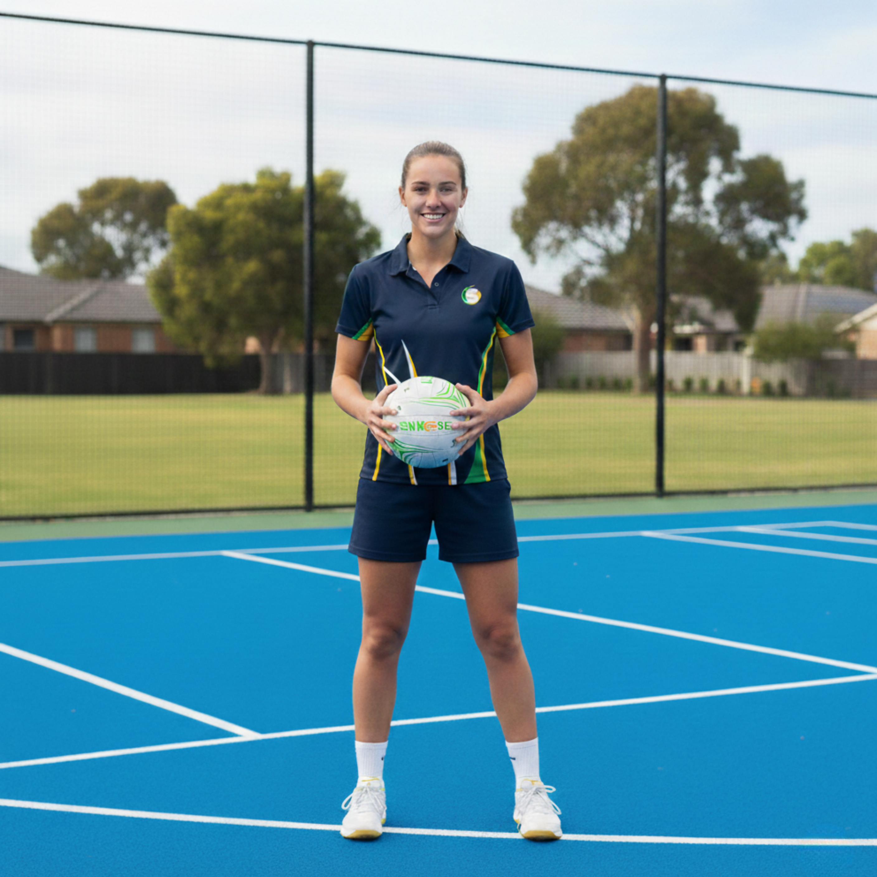 Person holding a netball on a blue court with trees and houses in the background