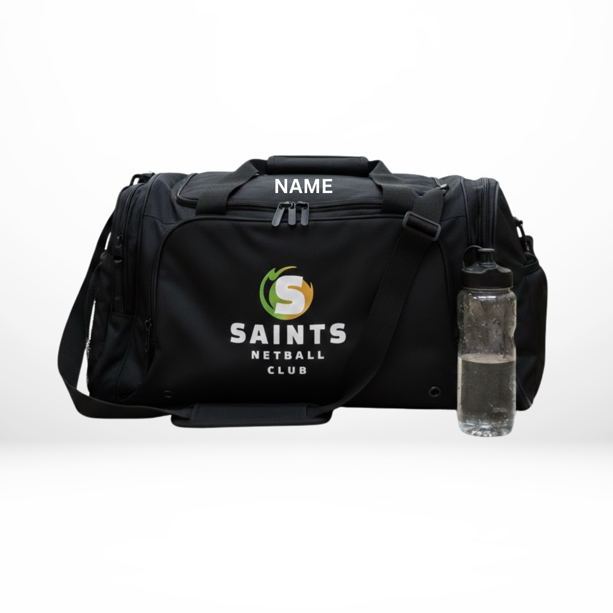 Navy duffel bag with 'Saints Netball Club' logo and a water bottle on a white background