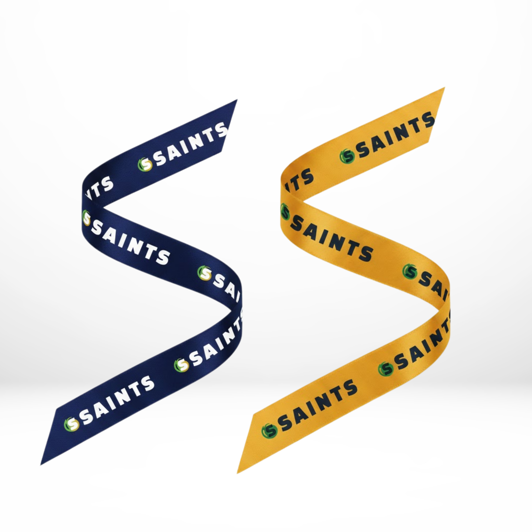 Two ribbons, one blue and one yellow, with 'SAINTS' printed on them against a white background.
