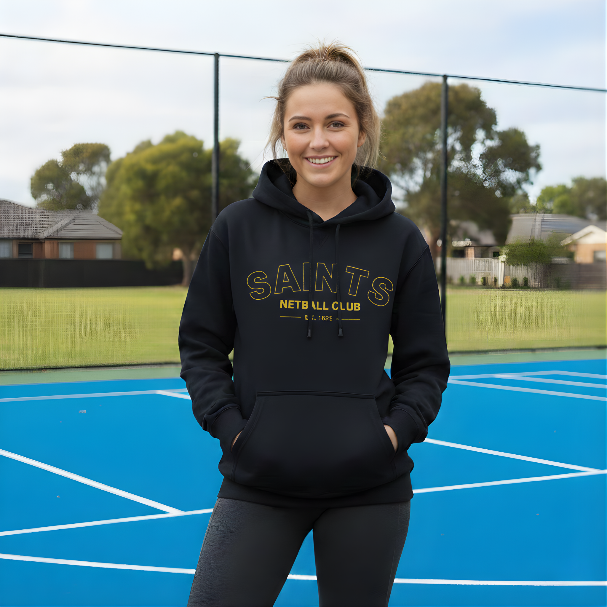 Person wearing a Navy hoodie with 'SAINTS NETBALL CLUB' text on a blue court.