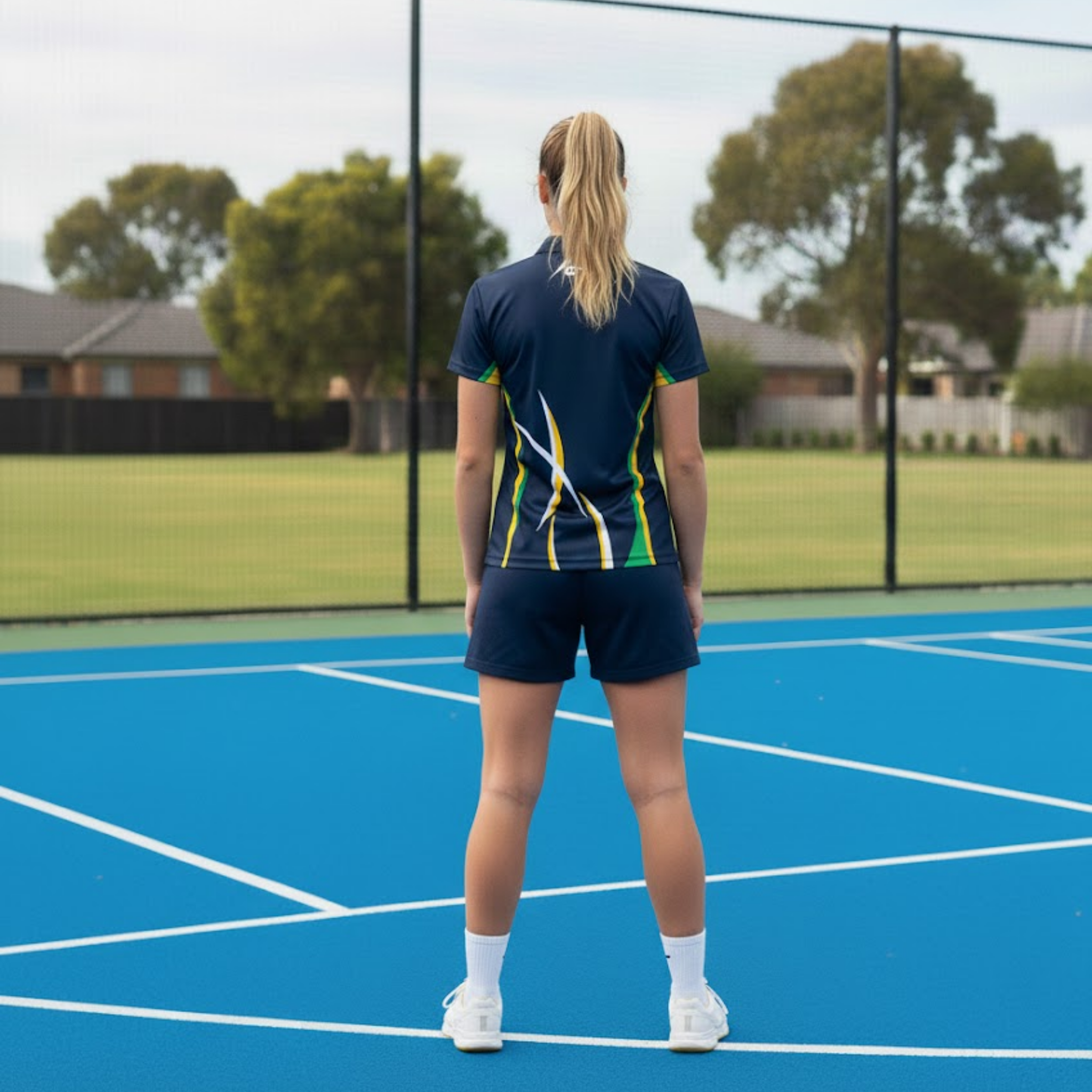 Person wearing a blue sports outfit on a netball court with trees and houses in the background