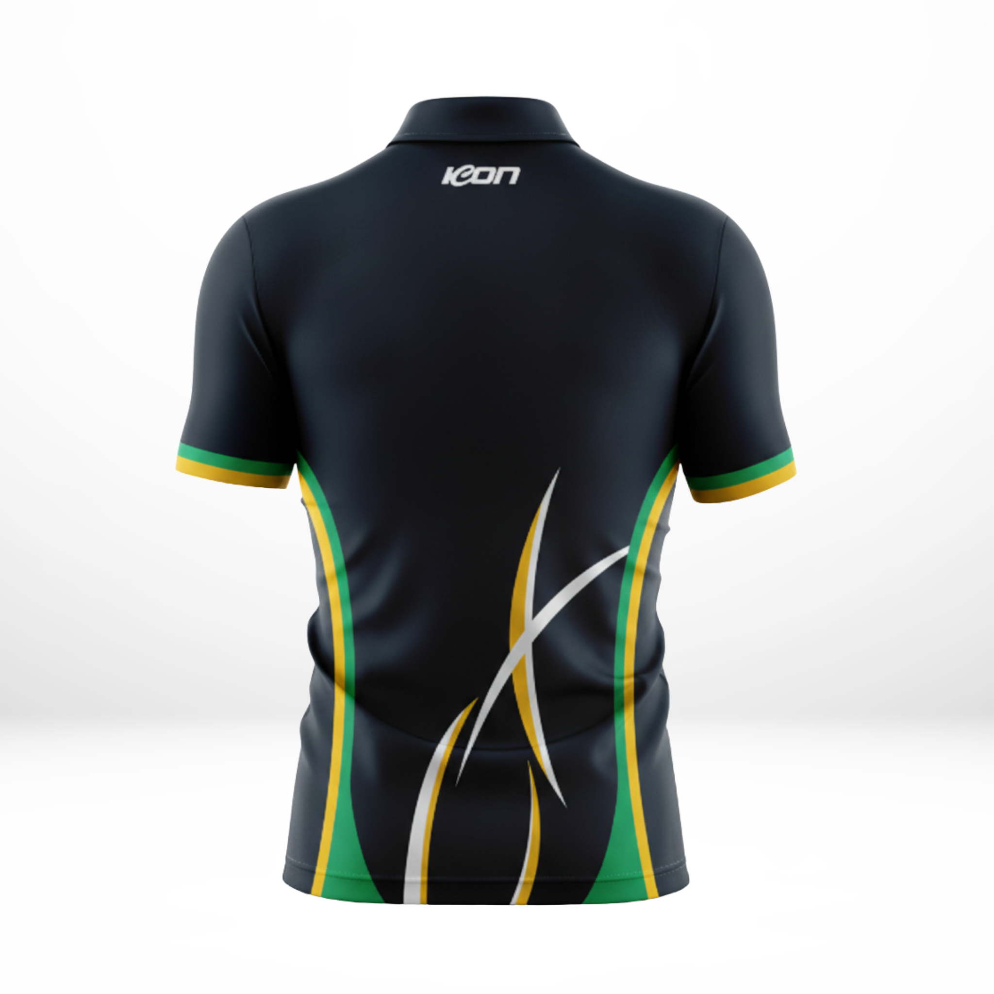 Navy sports polo with green and yellow accents on a white background