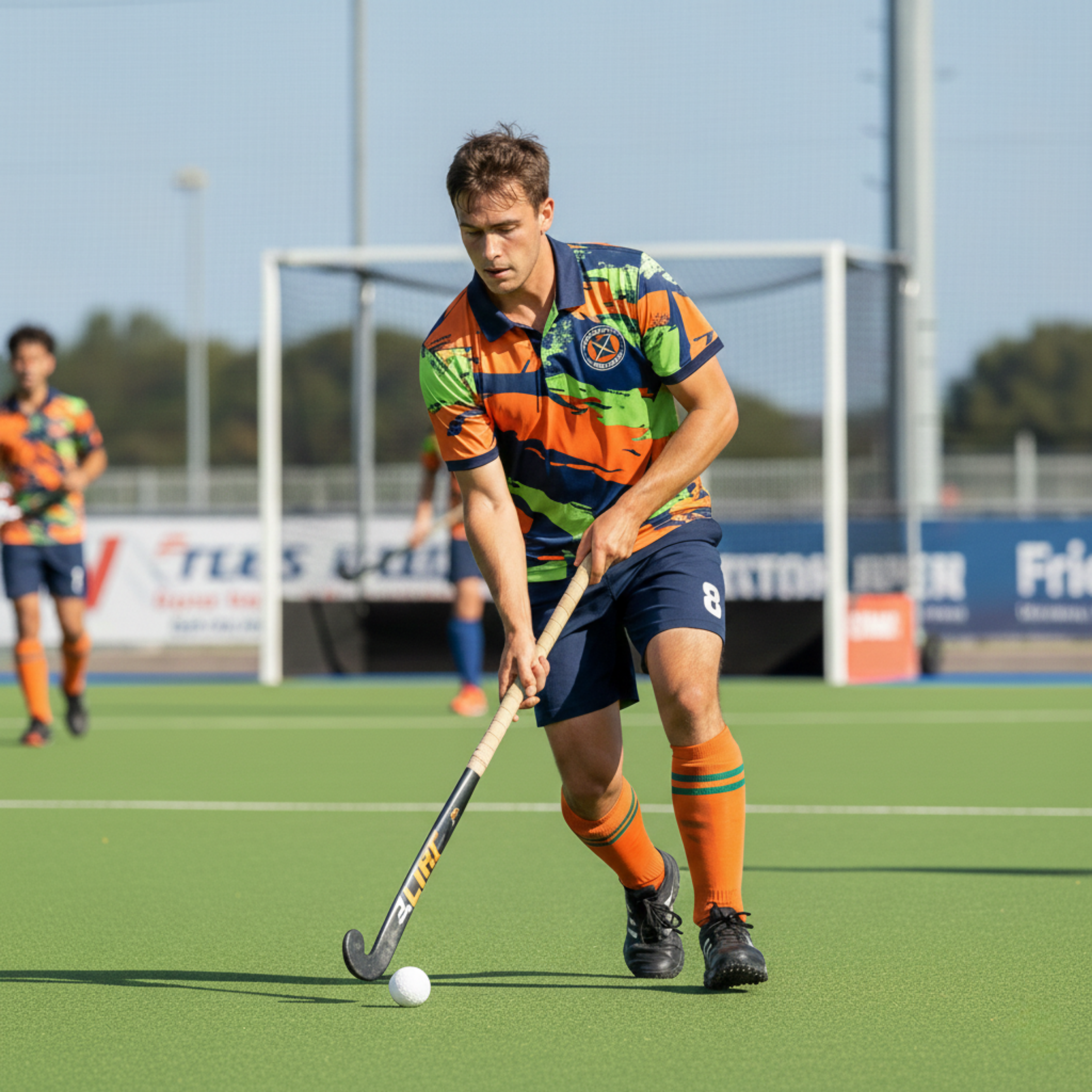 Person playing field hockey on a green field with a clear sky.