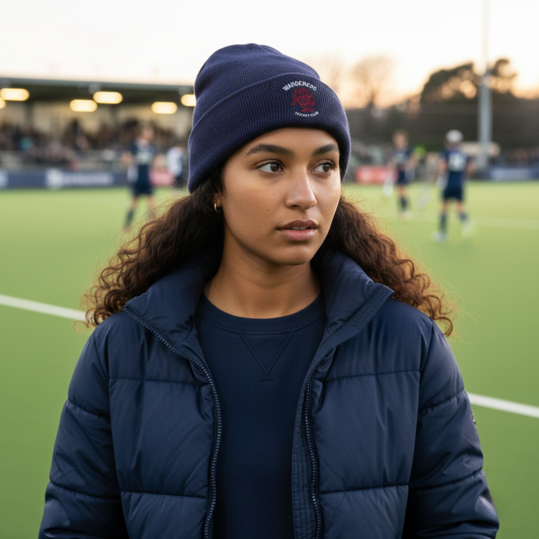 Person wearing a blue beanie and jacket on a sports field