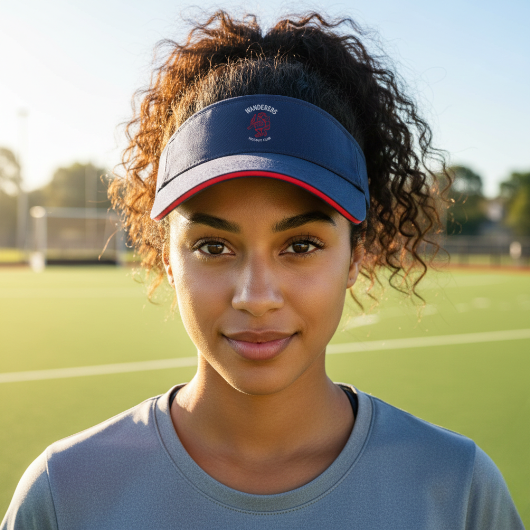 Woman wearing a blue visor on a sports field