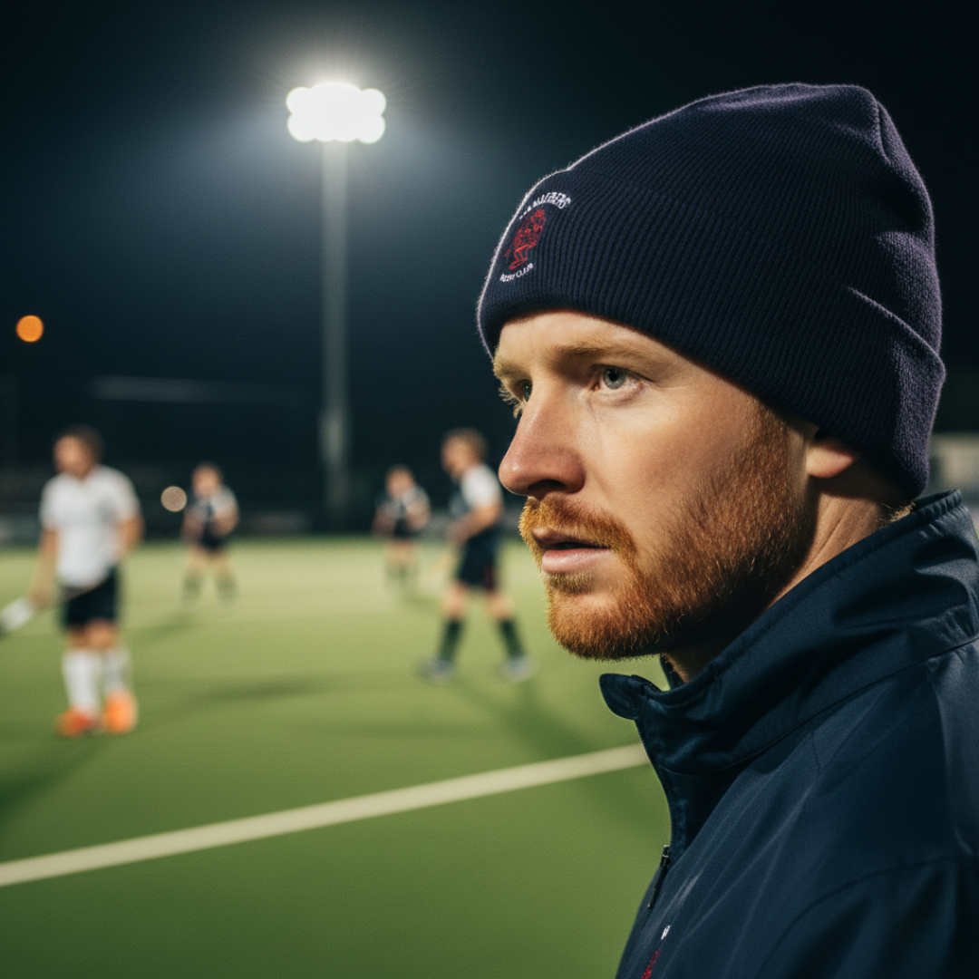 Man wearing a beanie and jacket on a sports field at night with players in the background.