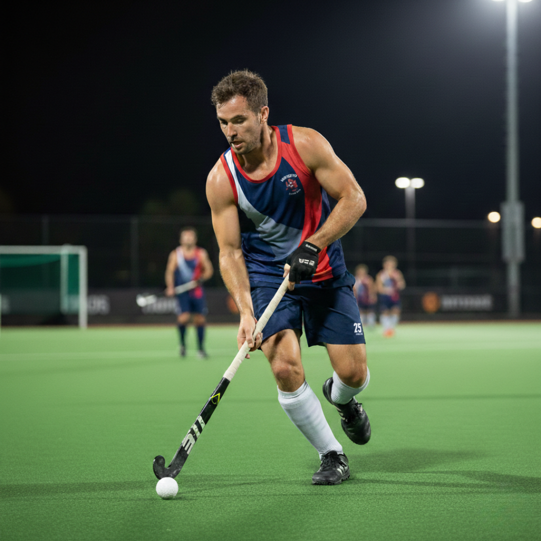 Man playing field hockey on a green field at night