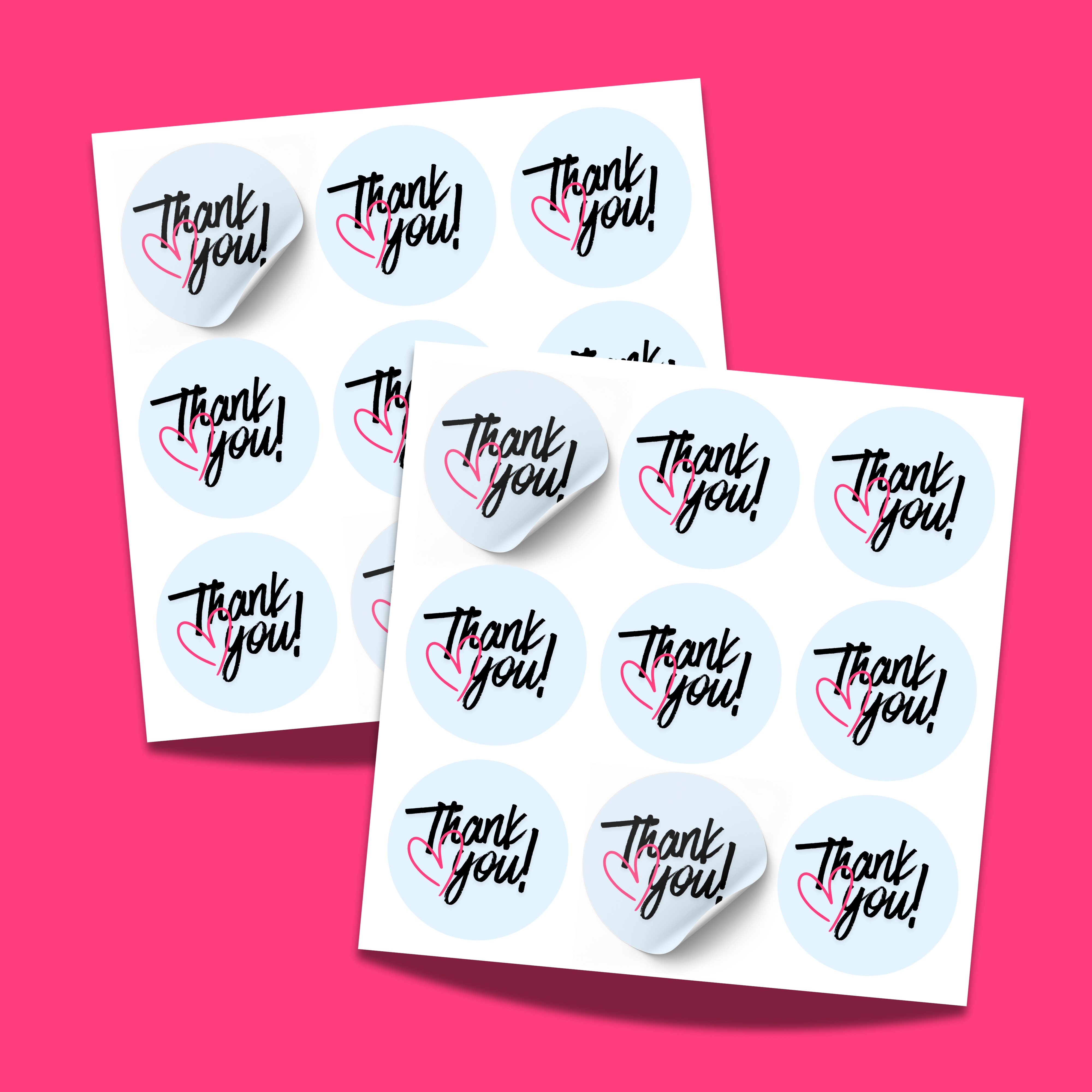 Two sheets of round stickers with 'Thank you!' text on a pink background