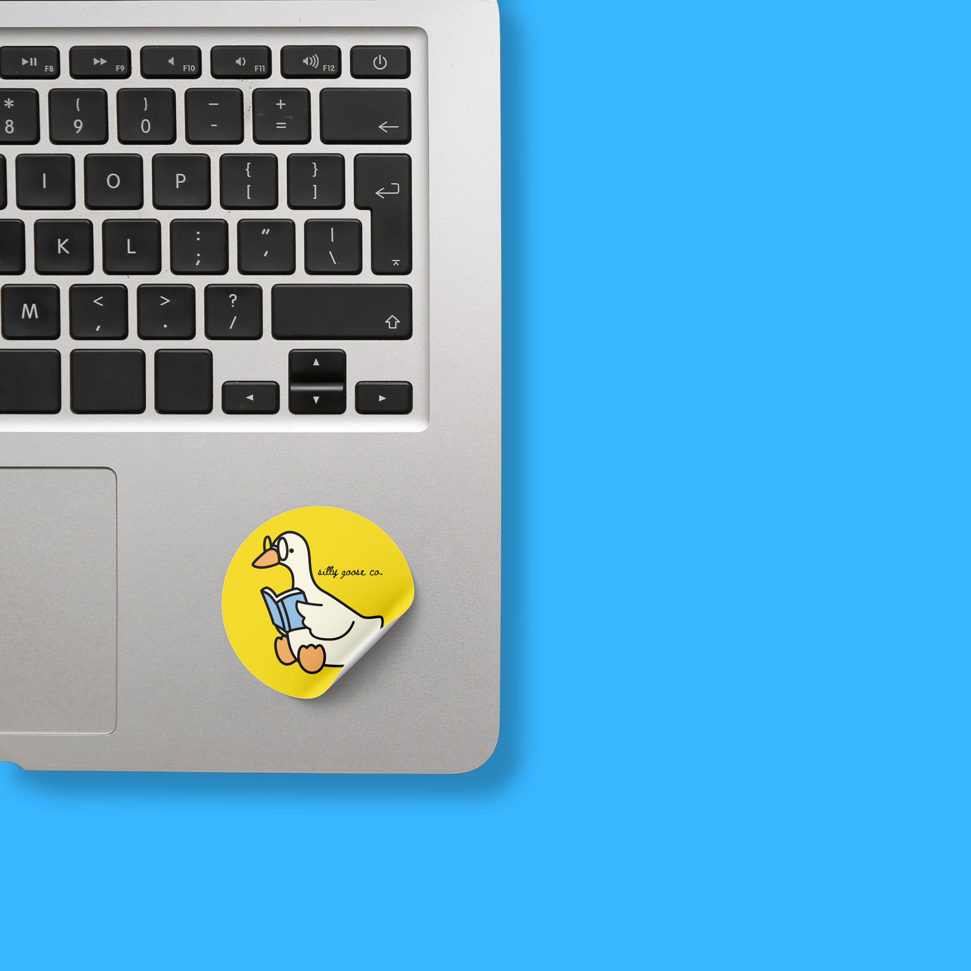 Laptop with a sticker of a duck holding a phone on a blue background