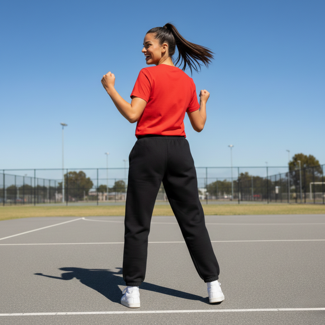 Woman in red shirt and black pants on a tennis court with a clear blue sky.