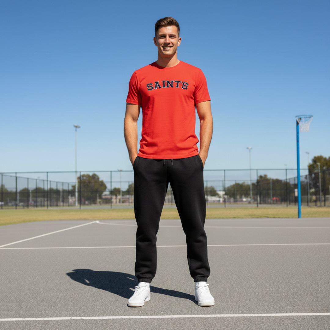 Man wearing a red 'SAINTS' t-shirt on a netball court