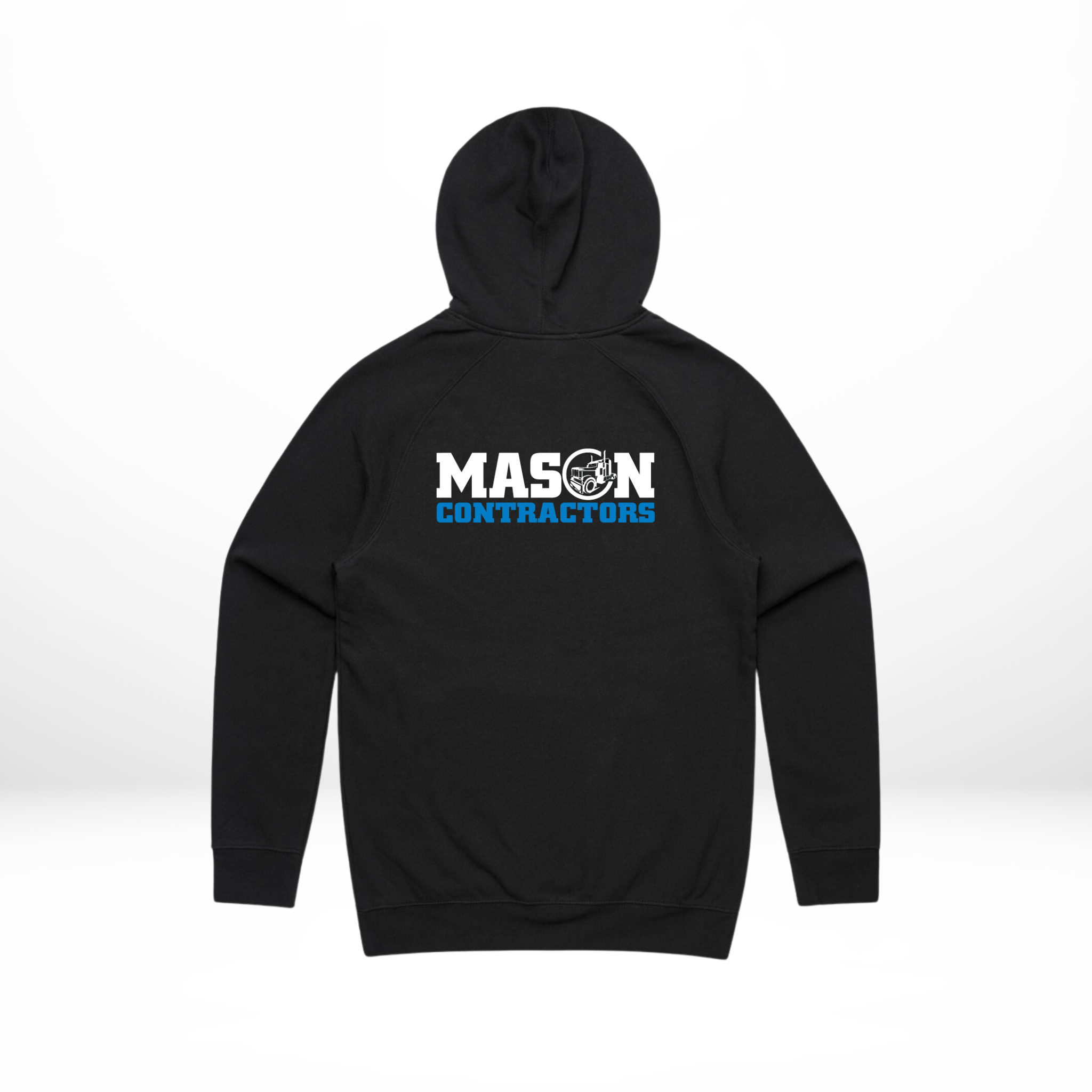 Black hoodie with 'MASON CONTRACTORS' text on a white background