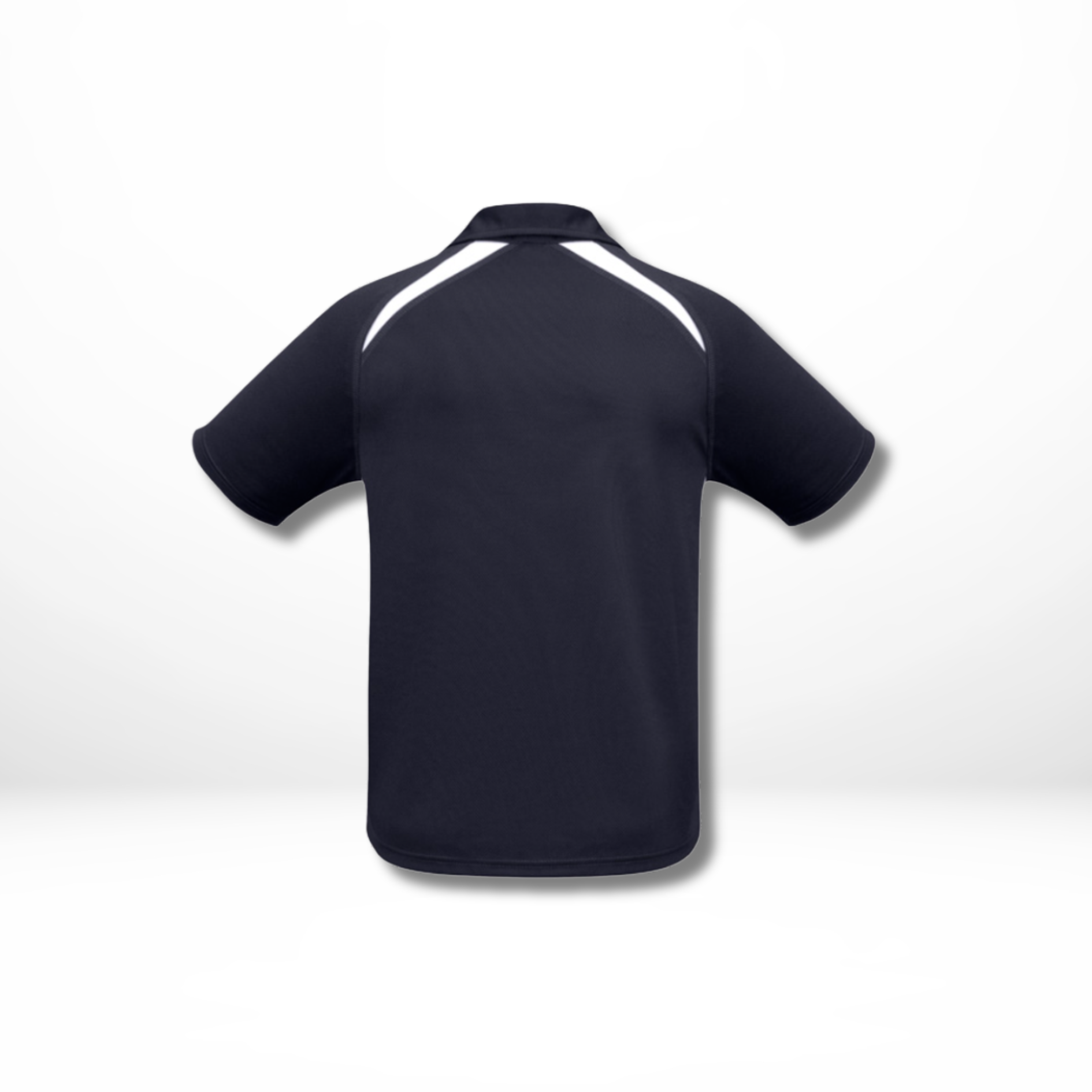 Back of Navy/White polo short-sleeve shirt with white accents on a white background