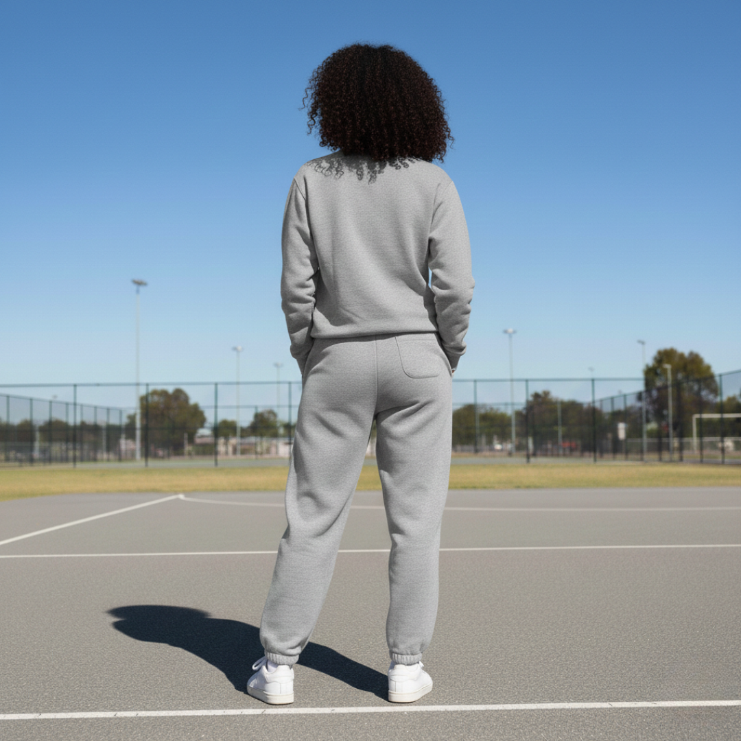 Person wearing a gray sweatshirt and pants on a tennis court