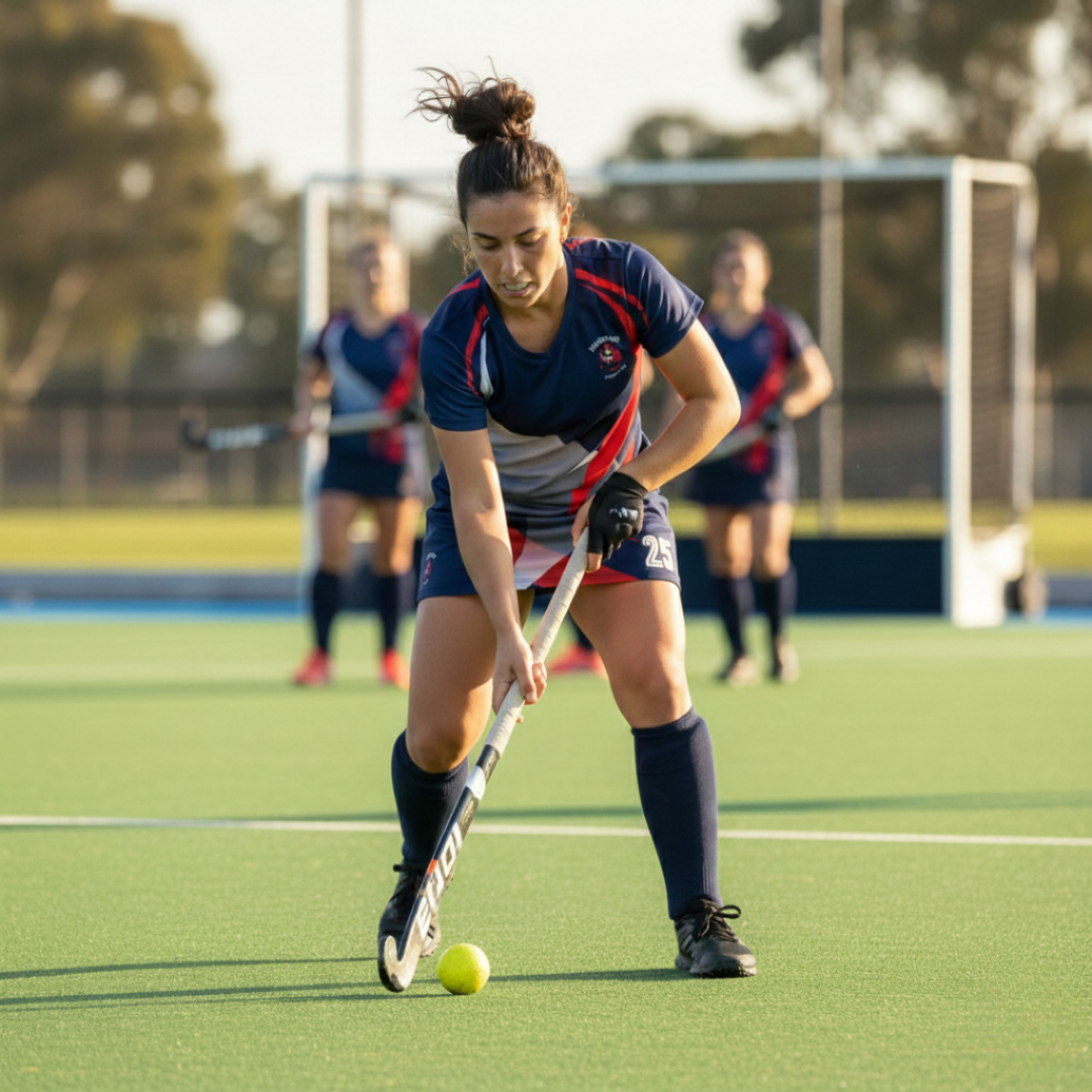 Woman playing field hockey on a green field with other players in the background.