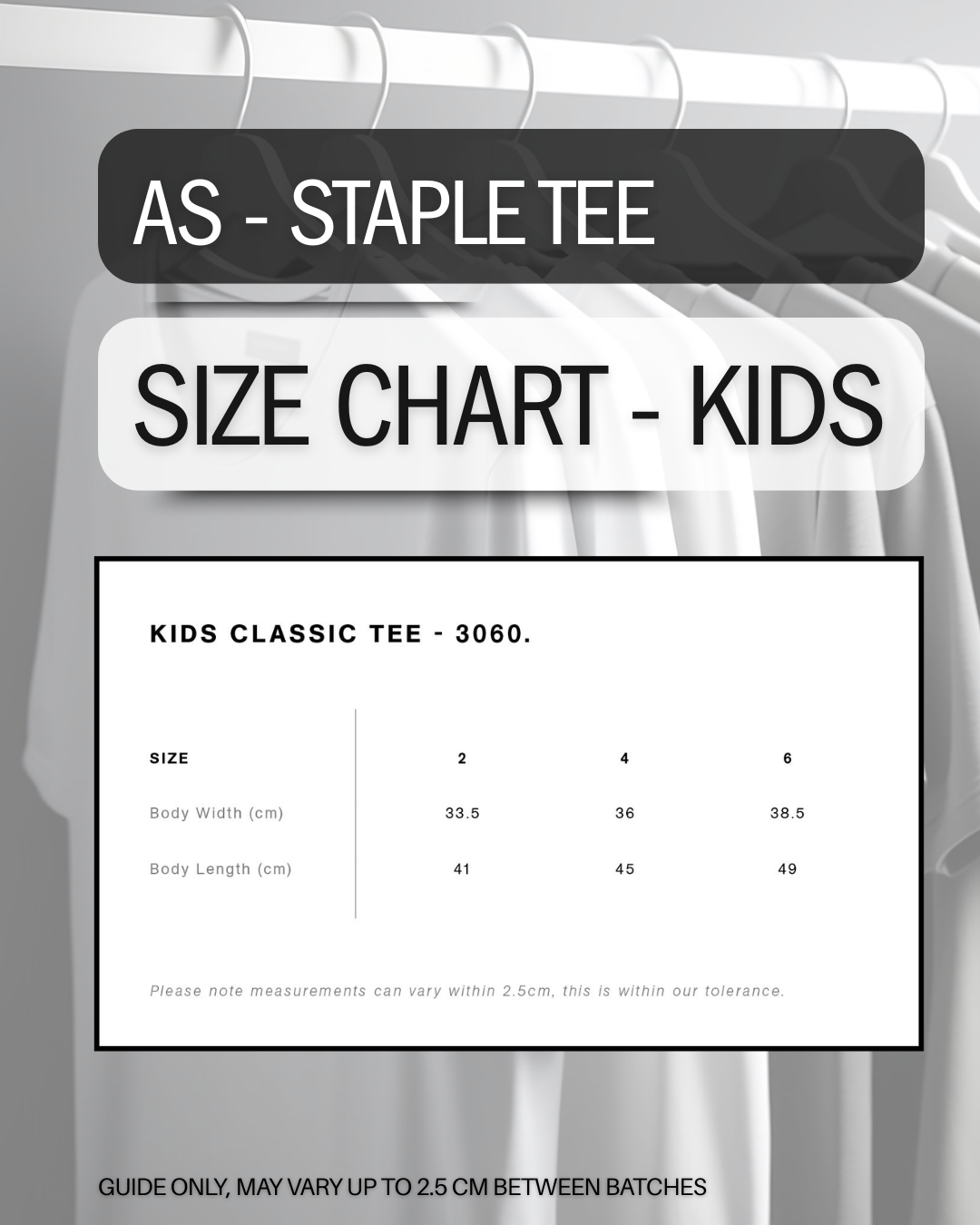 Size chart for kids' classic tee with shirt in the background