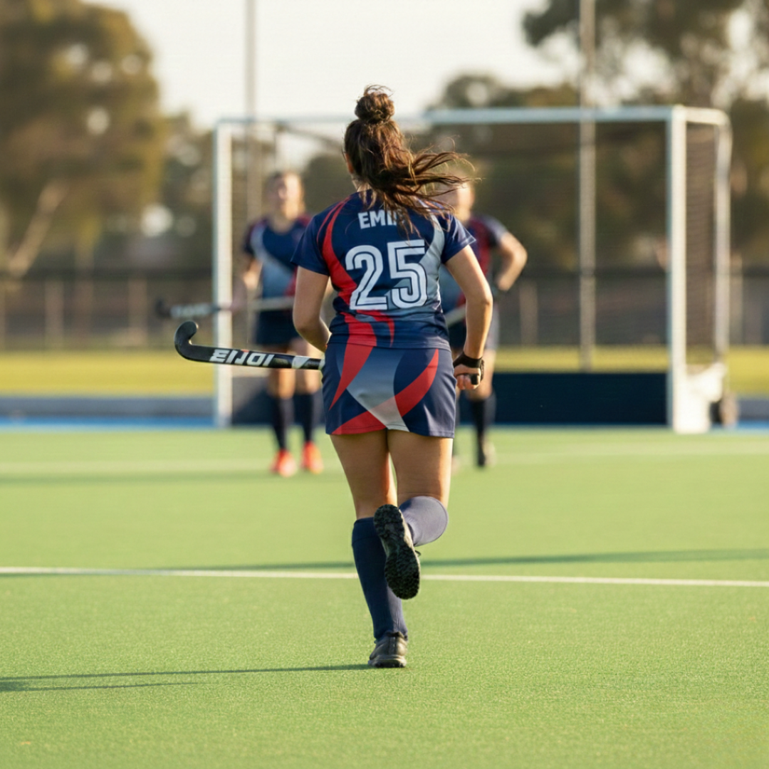 Woman in a sports uniform running on a field with a hockey stick.