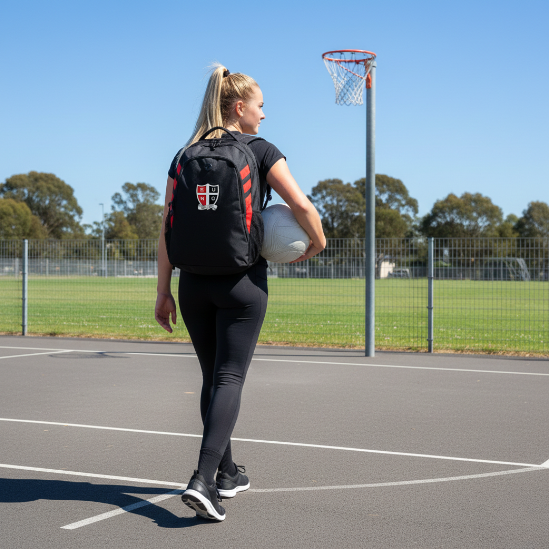 Girl carrying a netball out to a netball court wearing a black and red SAINTS backpack