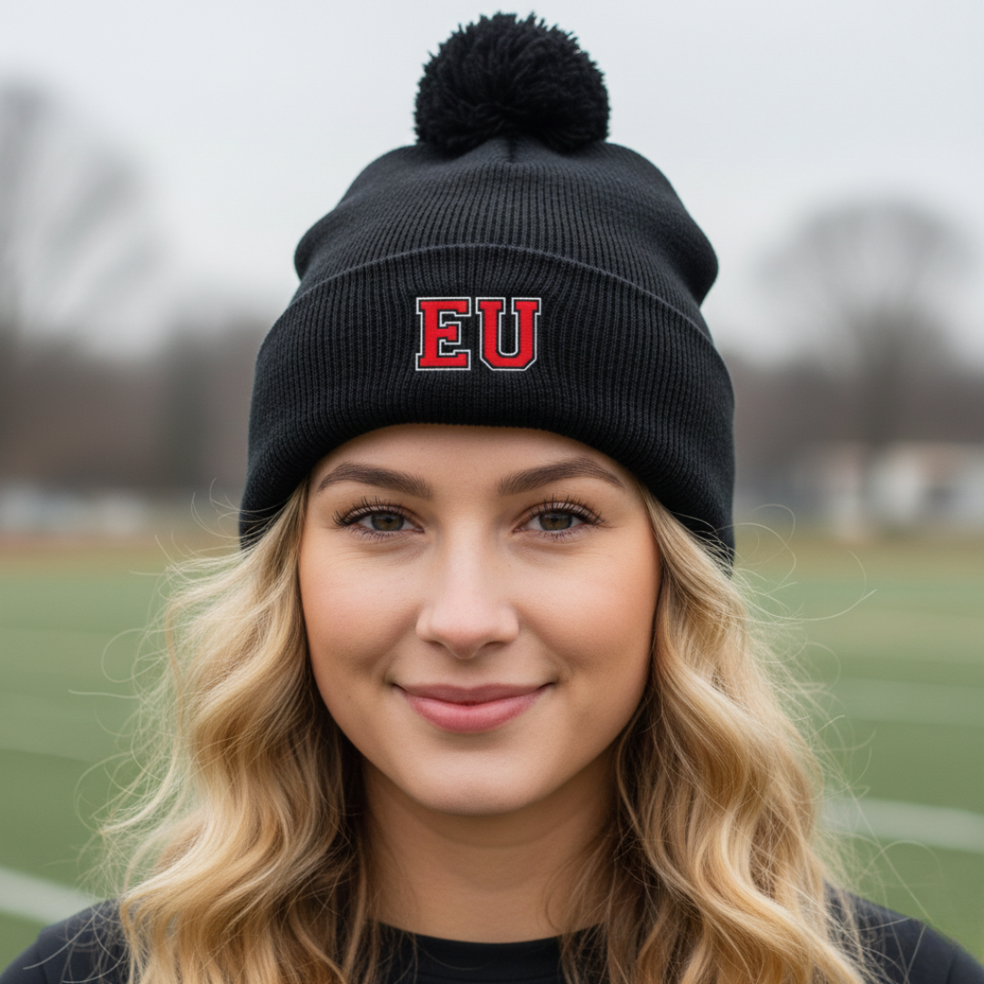 Girl wearing an EU embroidered black beanie