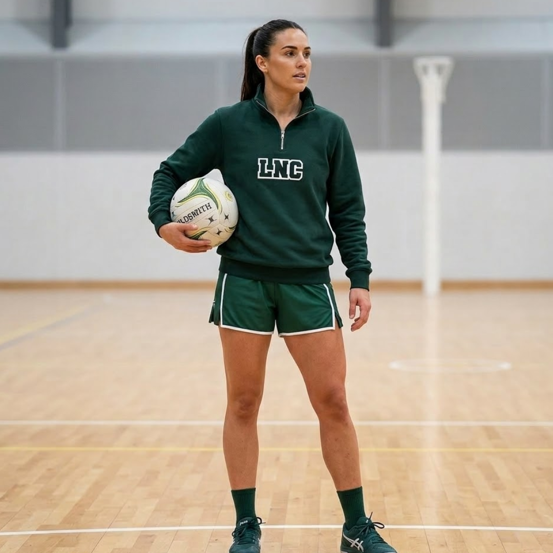 Woman in green sports outfit holding a ball on a basketball court