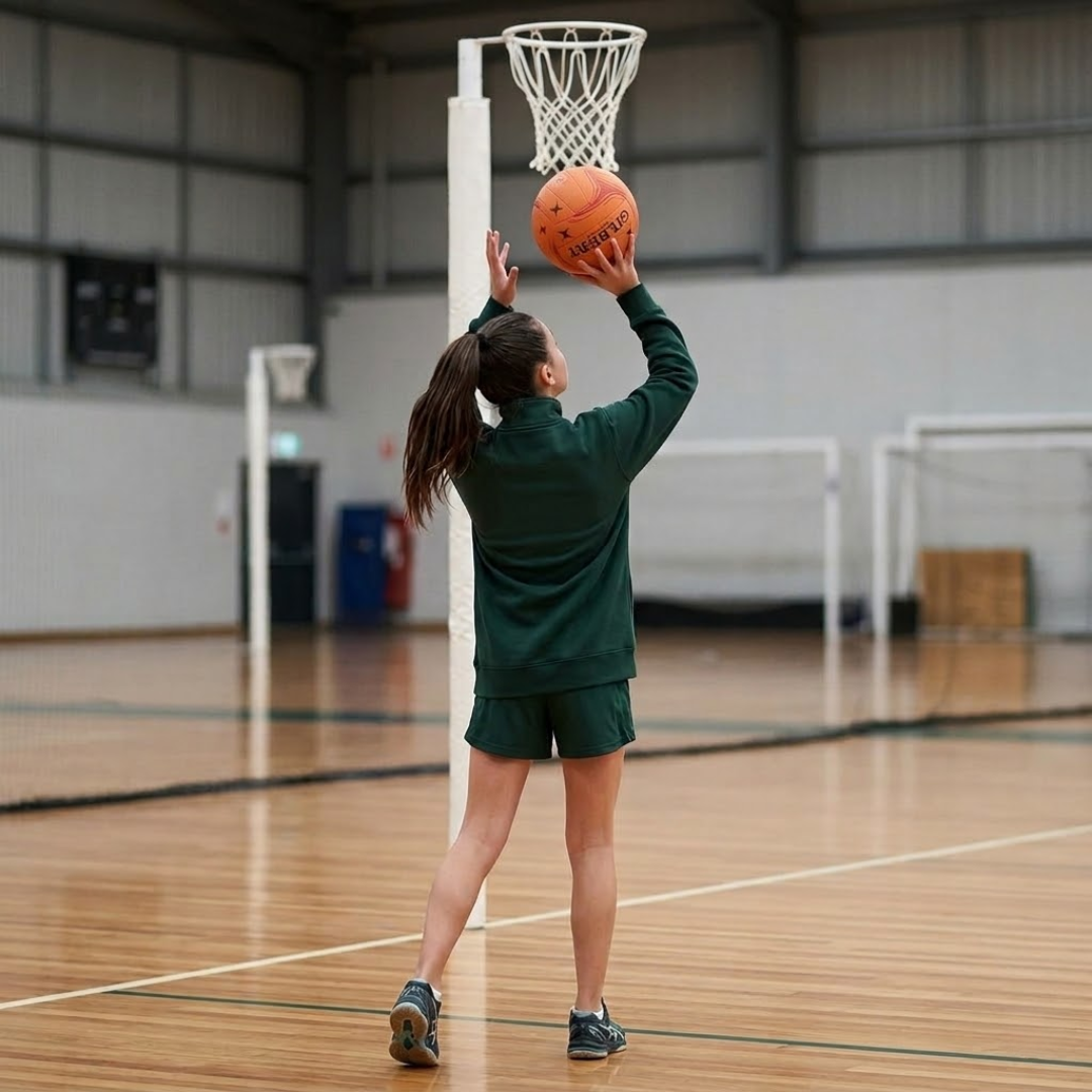 Person in green athletic wear preparing to shoot a basketball in an indoor gym.
