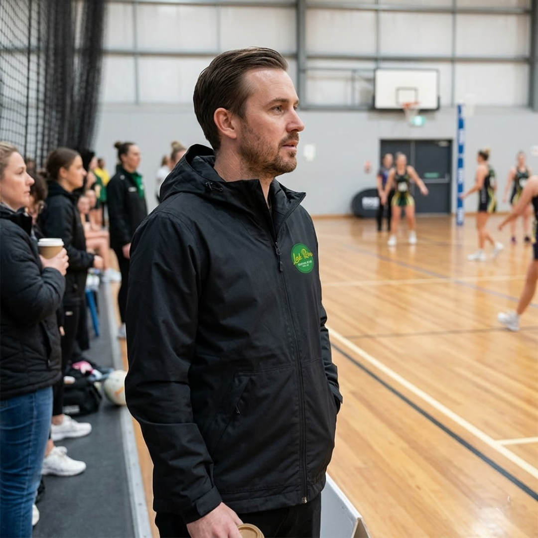 Man in a black jacket with a logo on a basketball court