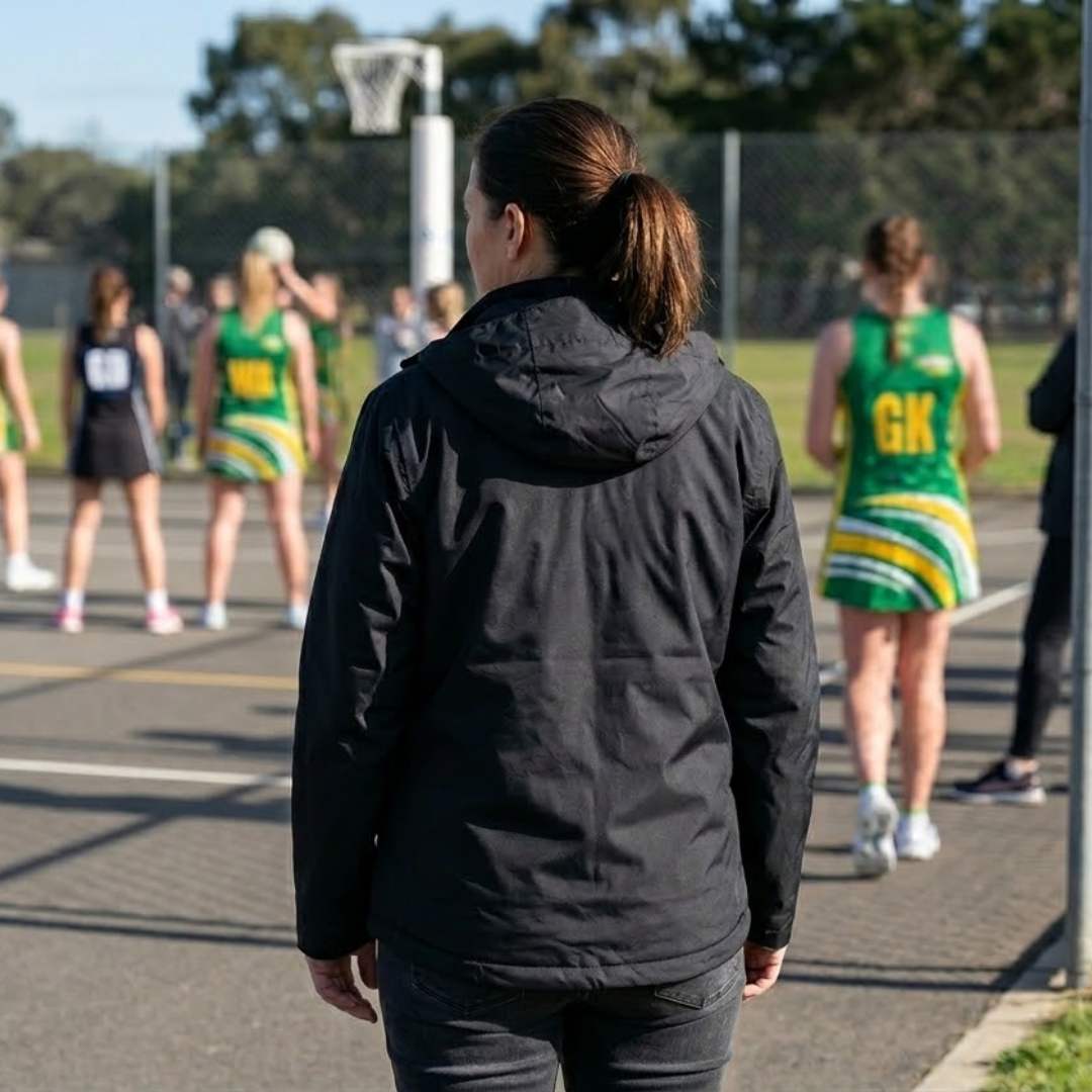 Person in a black jacket observing a netball game on an outdoor court.