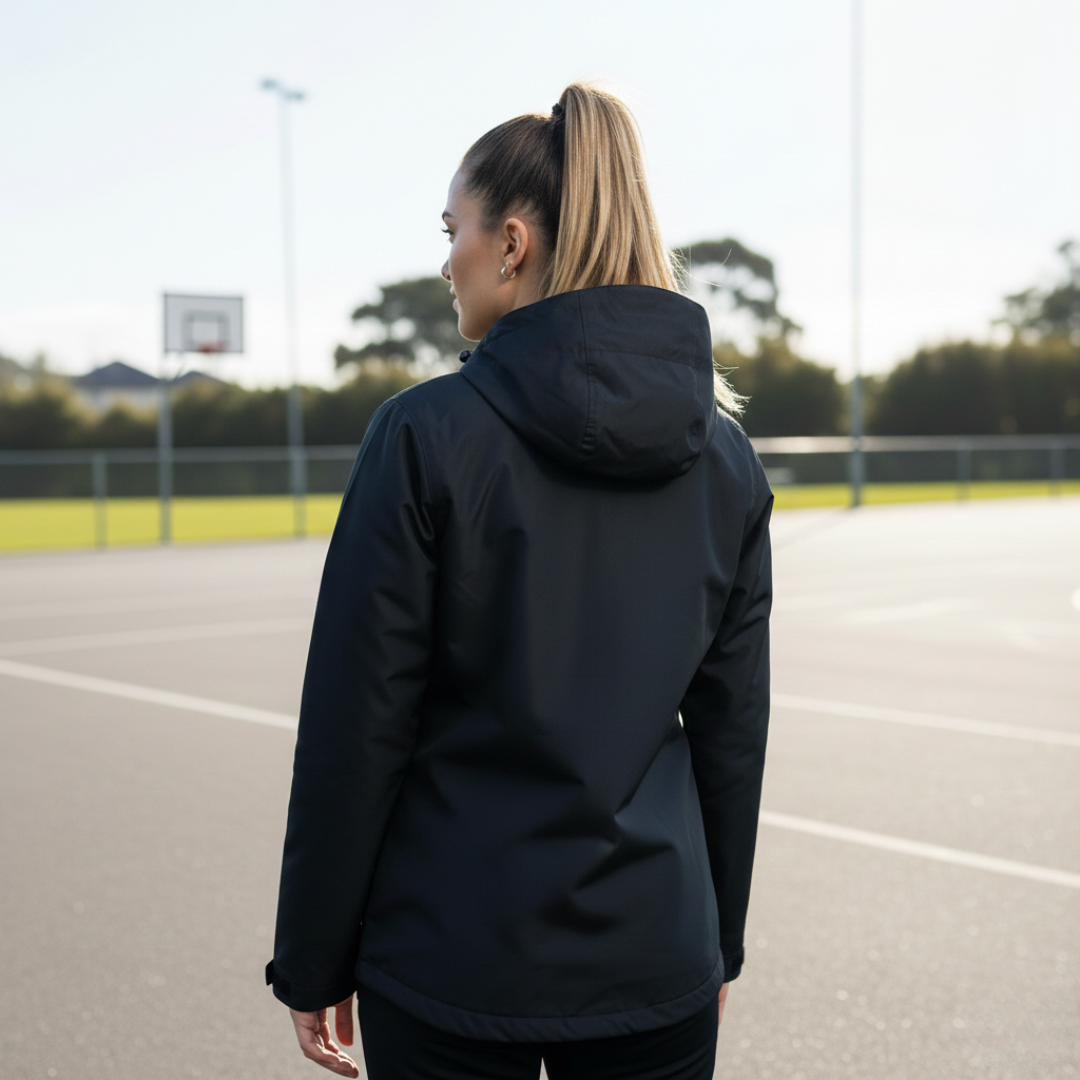 Person wearing a black jacket on an outdoor basketball court