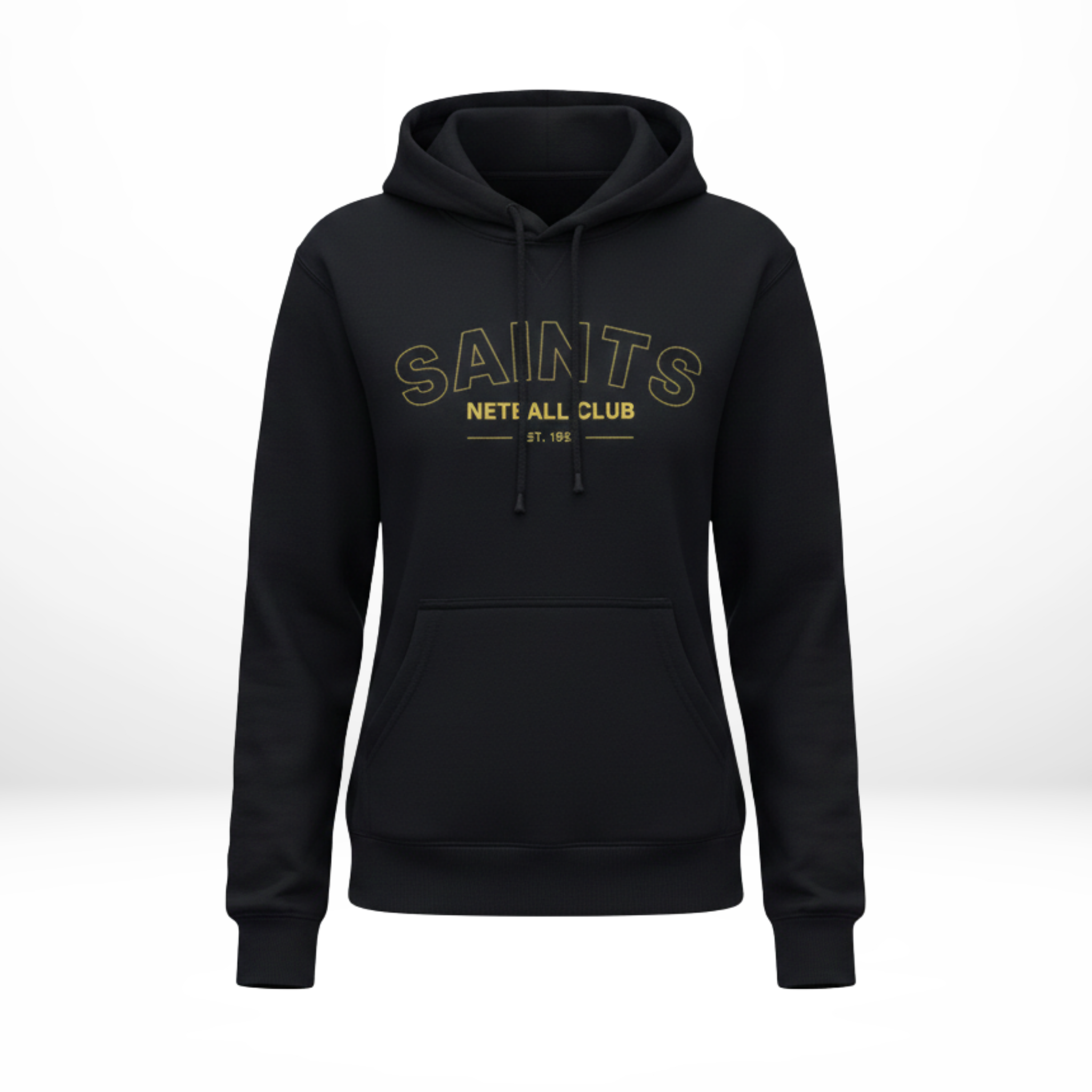 Navy hoodie with 'SAINTS NEBALL CLUB' text on a white background