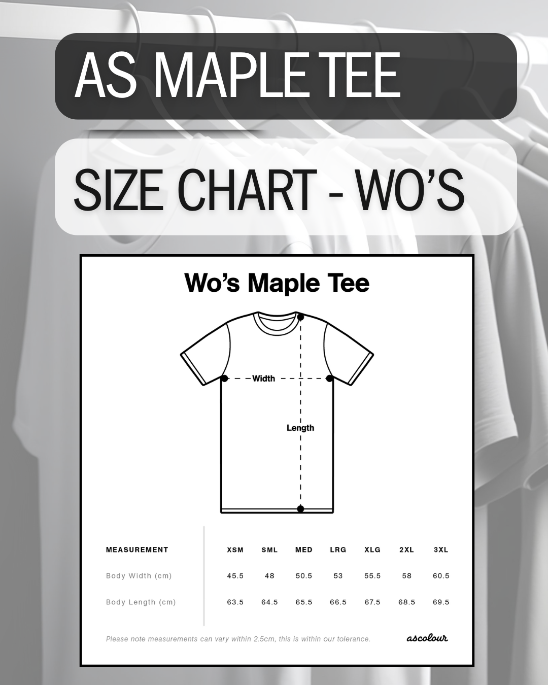 Size chart for women's Maple Tee with t-shirt graphic and measurement details.