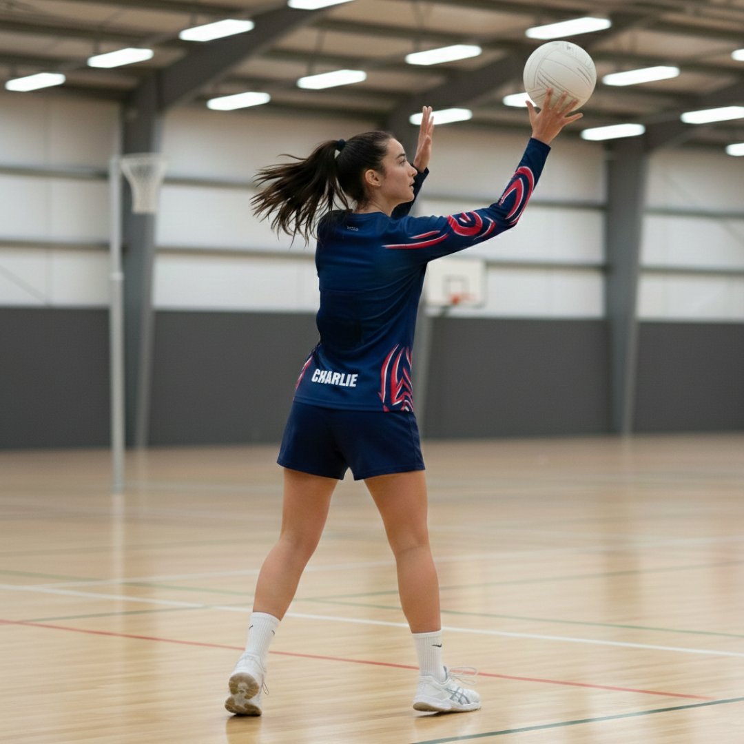 Person playing netball in an indoor sports hall