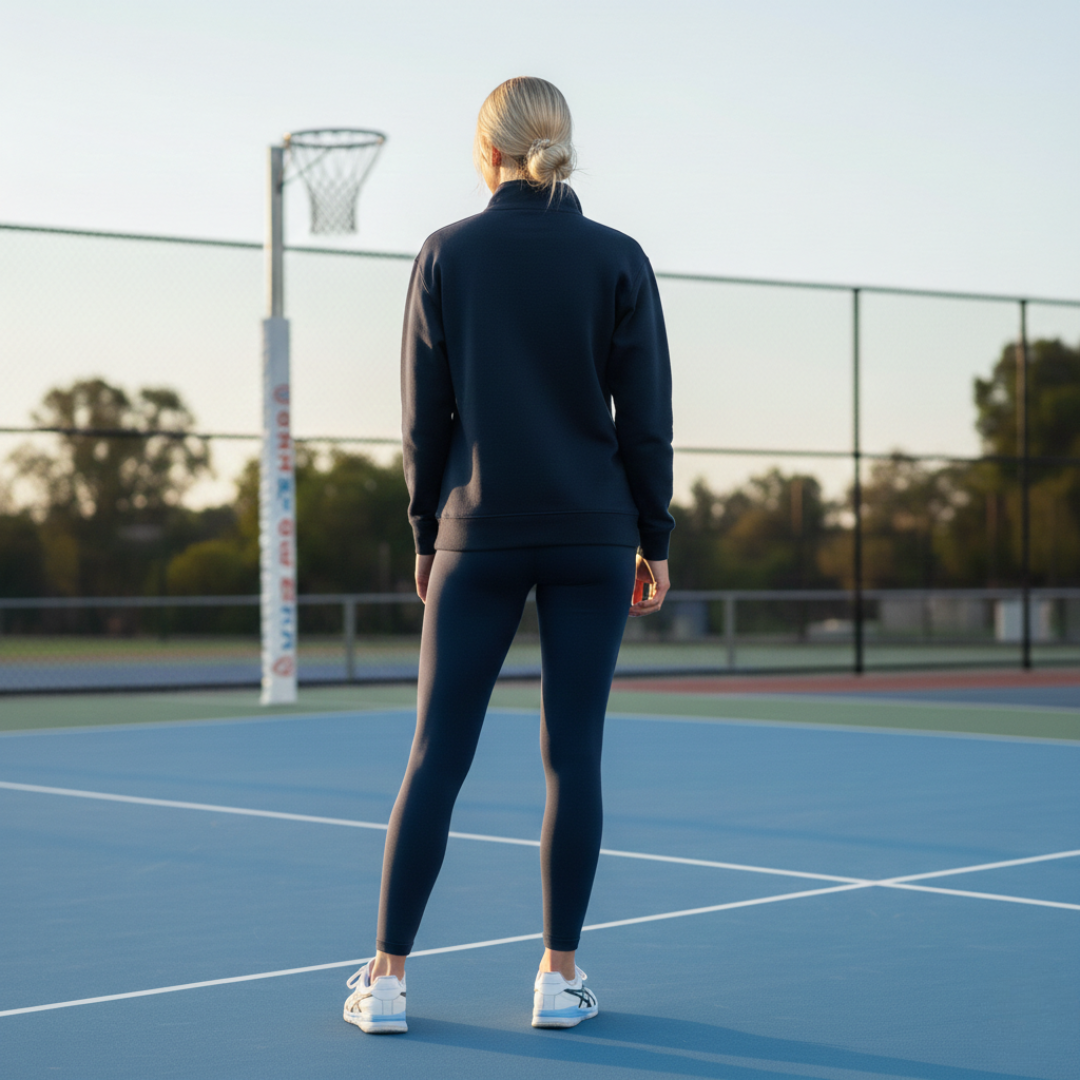 Person standing on a tennis court wearing a dark outfit