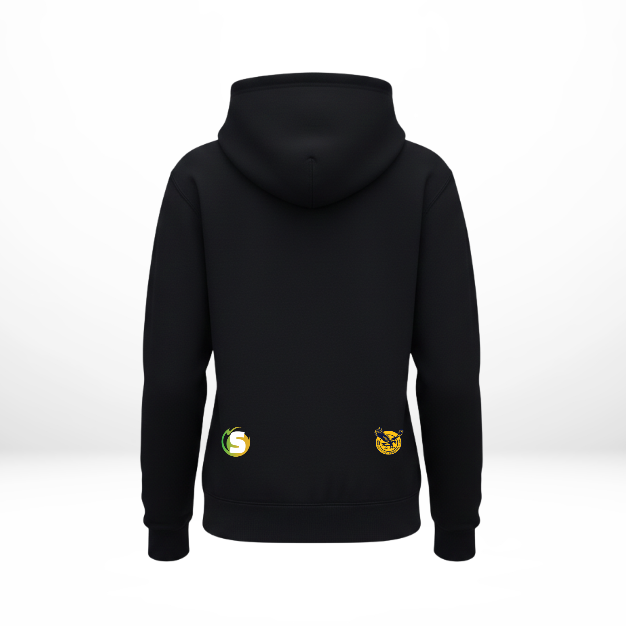Navy hoodie with logos on the back against a white background