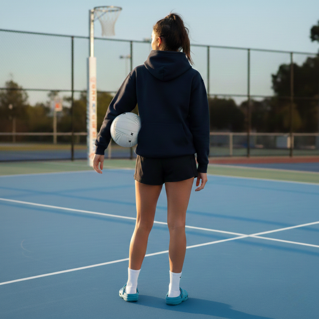 Person holding a netball on a tennis court