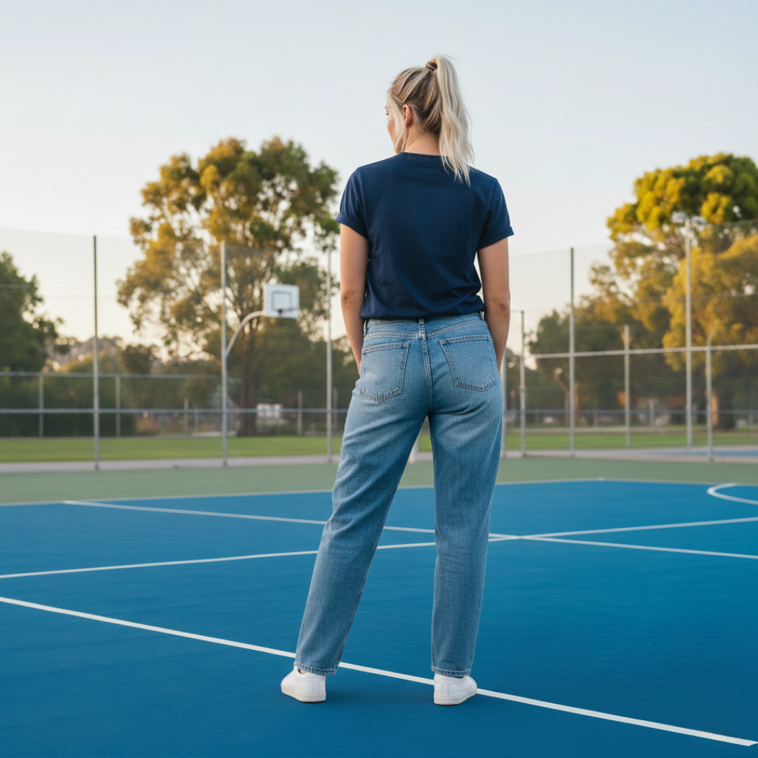 Person standing on a blue netball court with trees in the background