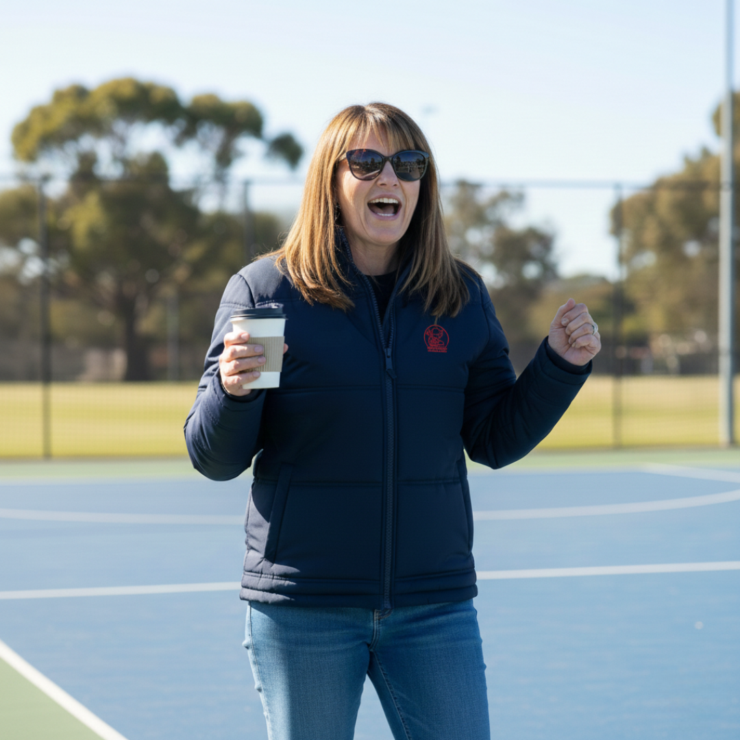 An action-oriented, medium shot of a cheering middle-aged woman with mid-length brown hair on an outdoor netball court. She is wearing a dark navy quilted puffer jacket with a red circular logo on the left chest and the word "NAME" in red on the right. She is also wearing large dark sunglasses and blue denim jeans. Her mouth is open in a joyful shout, and her left fist is raised in excitement while she holds a white takeaway coffee cup in her right hand. 