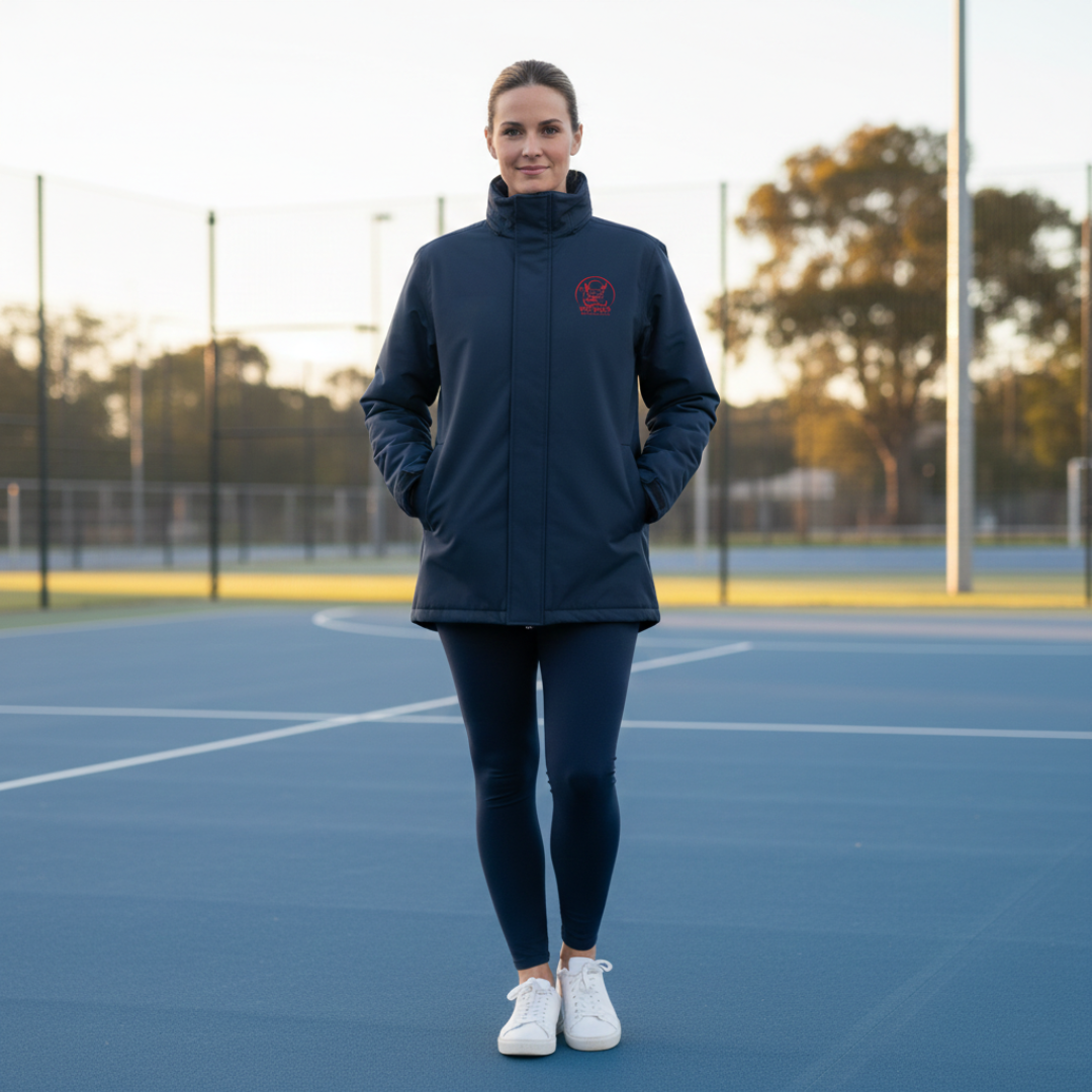 Woman wearing a navy jacket and leggings on a tennis court