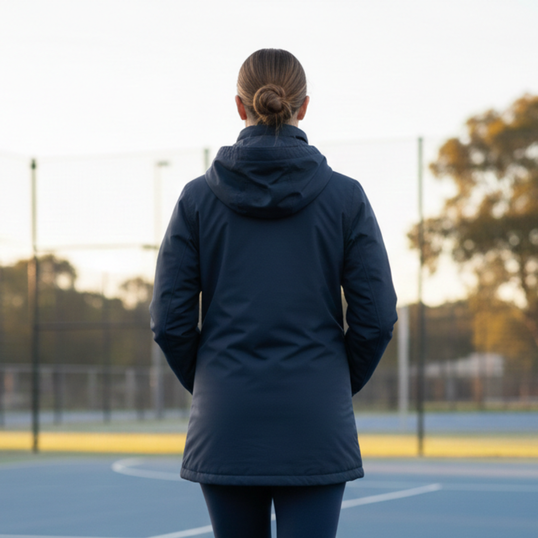 Person wearing a dark blue coat standing on a tennis court with trees in the background