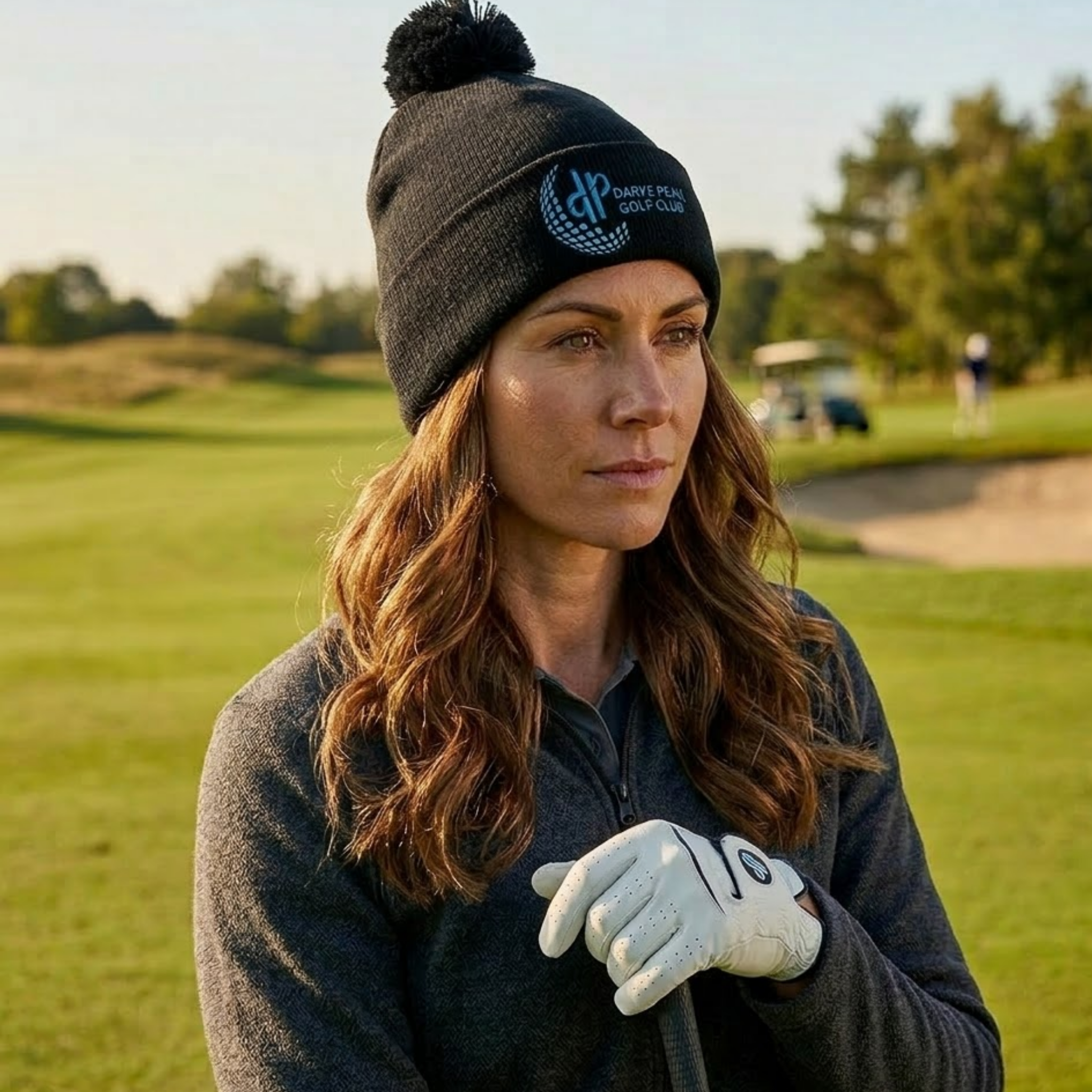 Woman on a golf course wearing a beanie and holding a golf club