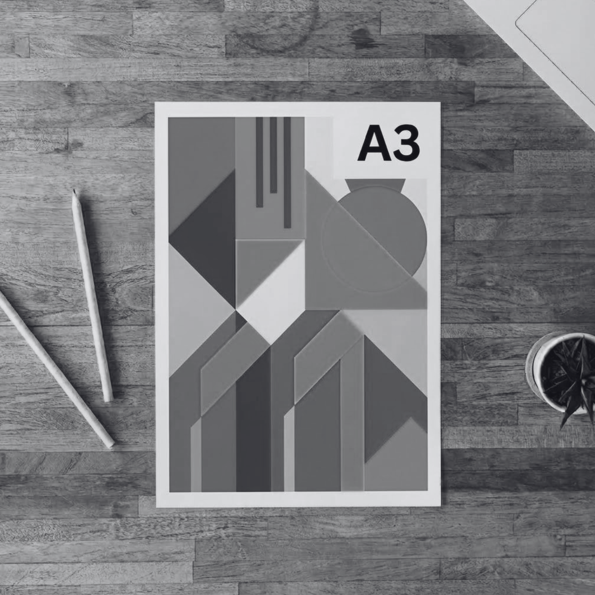 A3 black and white printing example with monochrome artwork on white paper.