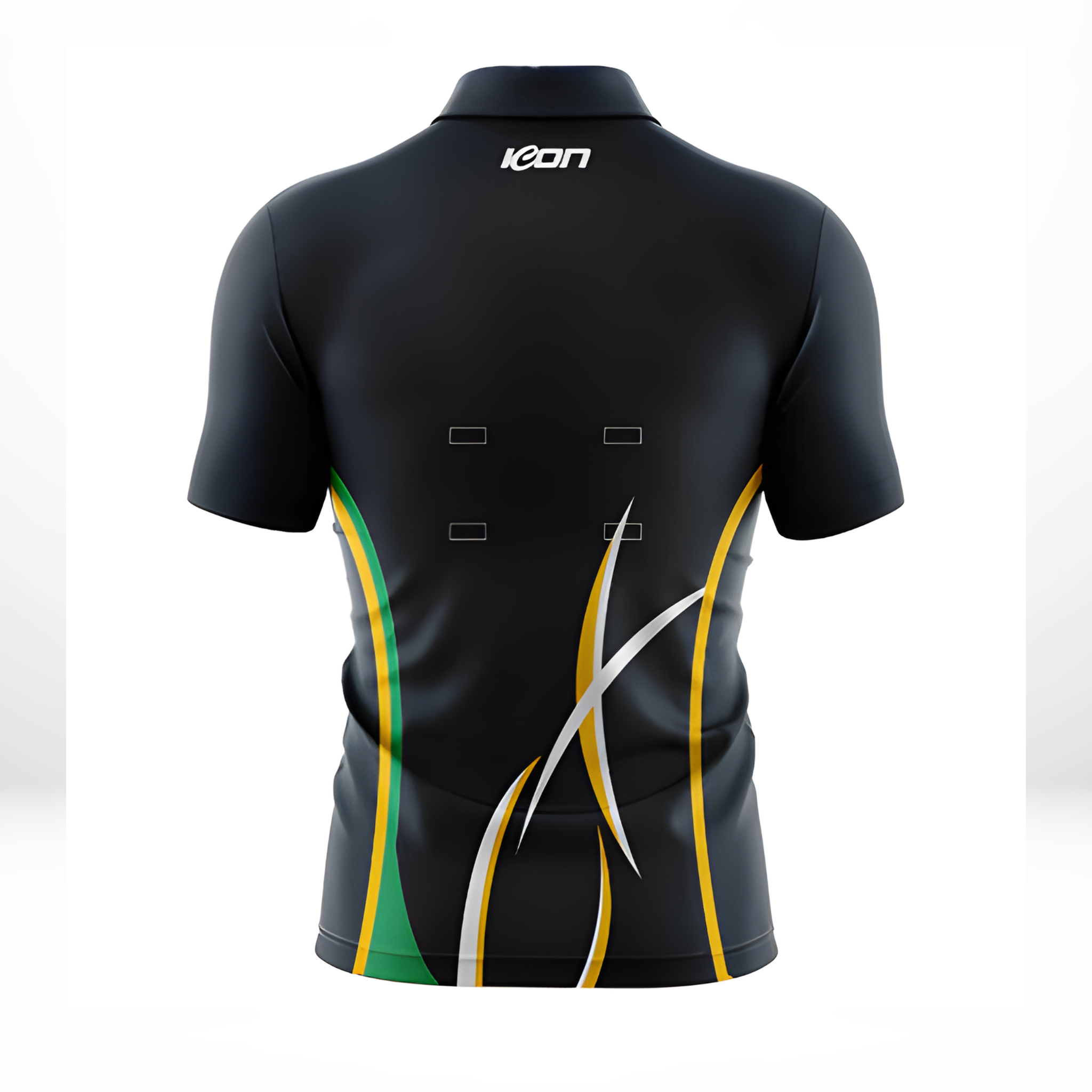 Back of navy game day polo with colorful designs on a white background
