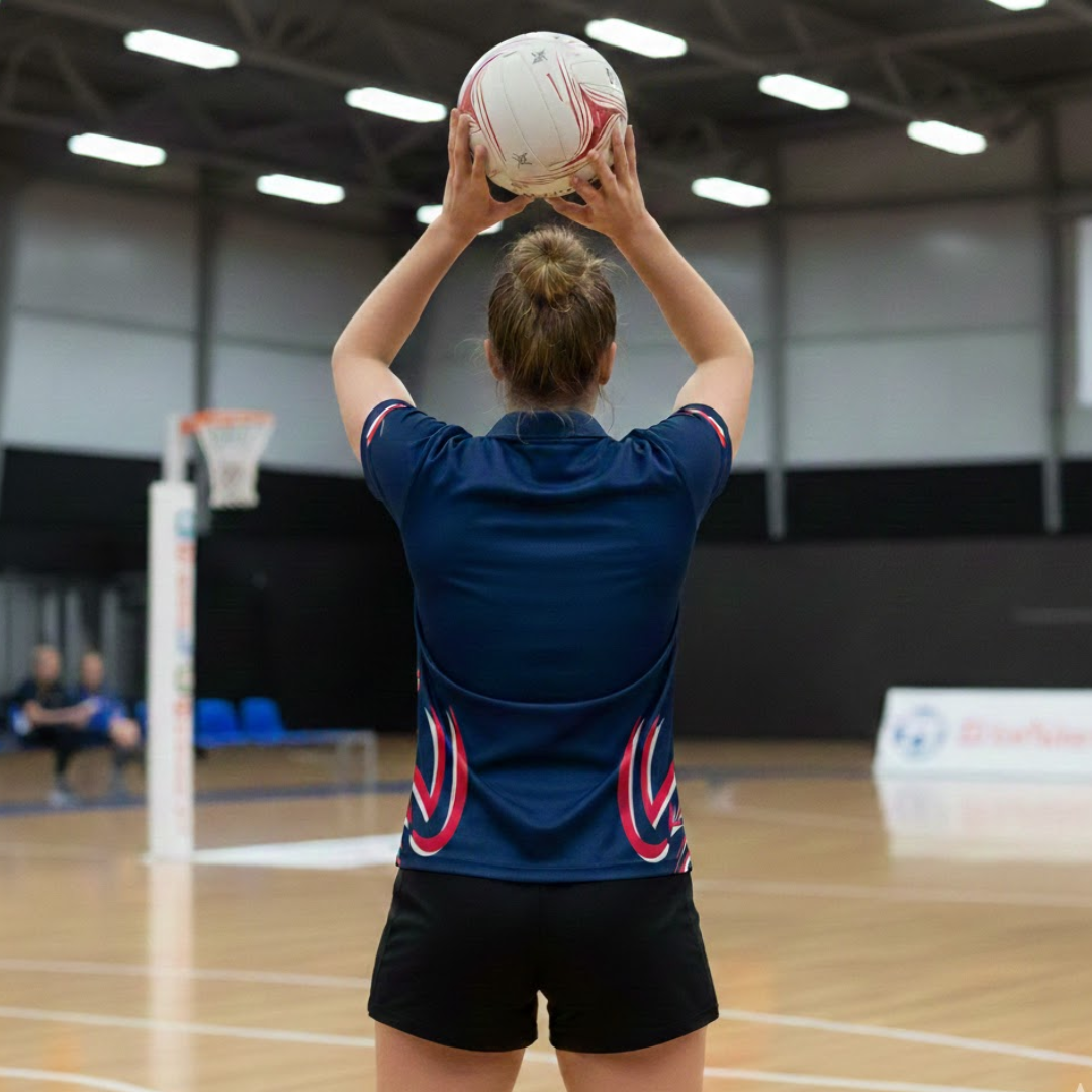 Netball girl wearing waybacks polo preparing to shoot a goal 