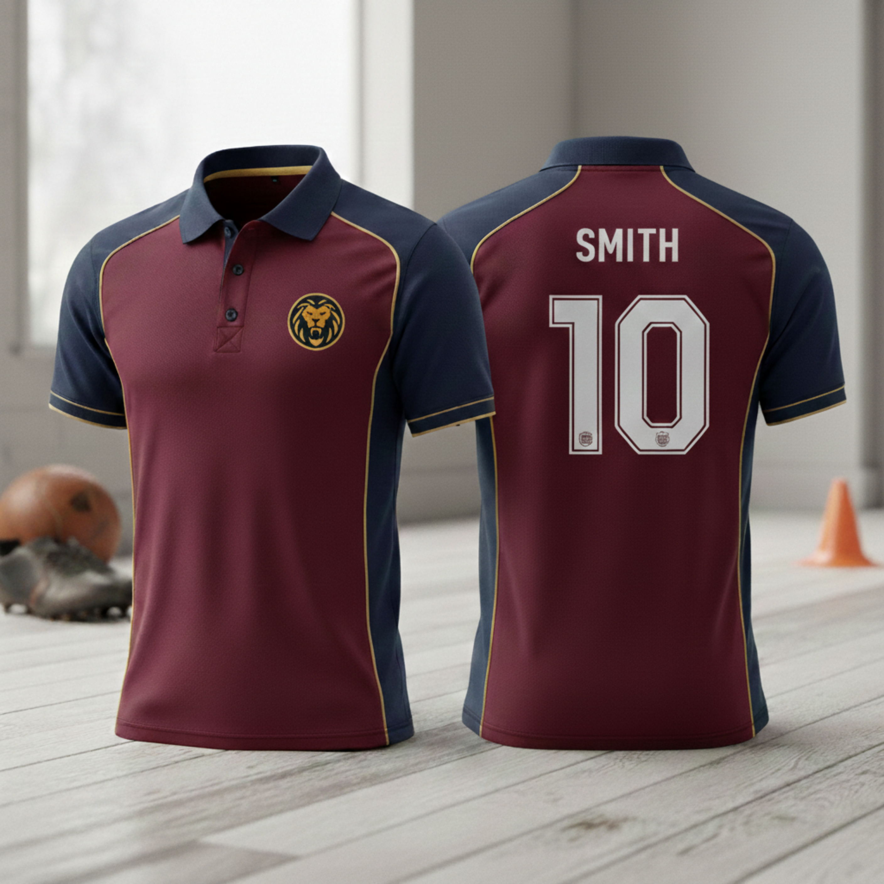 Maroon and navy polo shirt with a logo on the chest and 'Smith 10' on the back, displayed on a wooden floor.