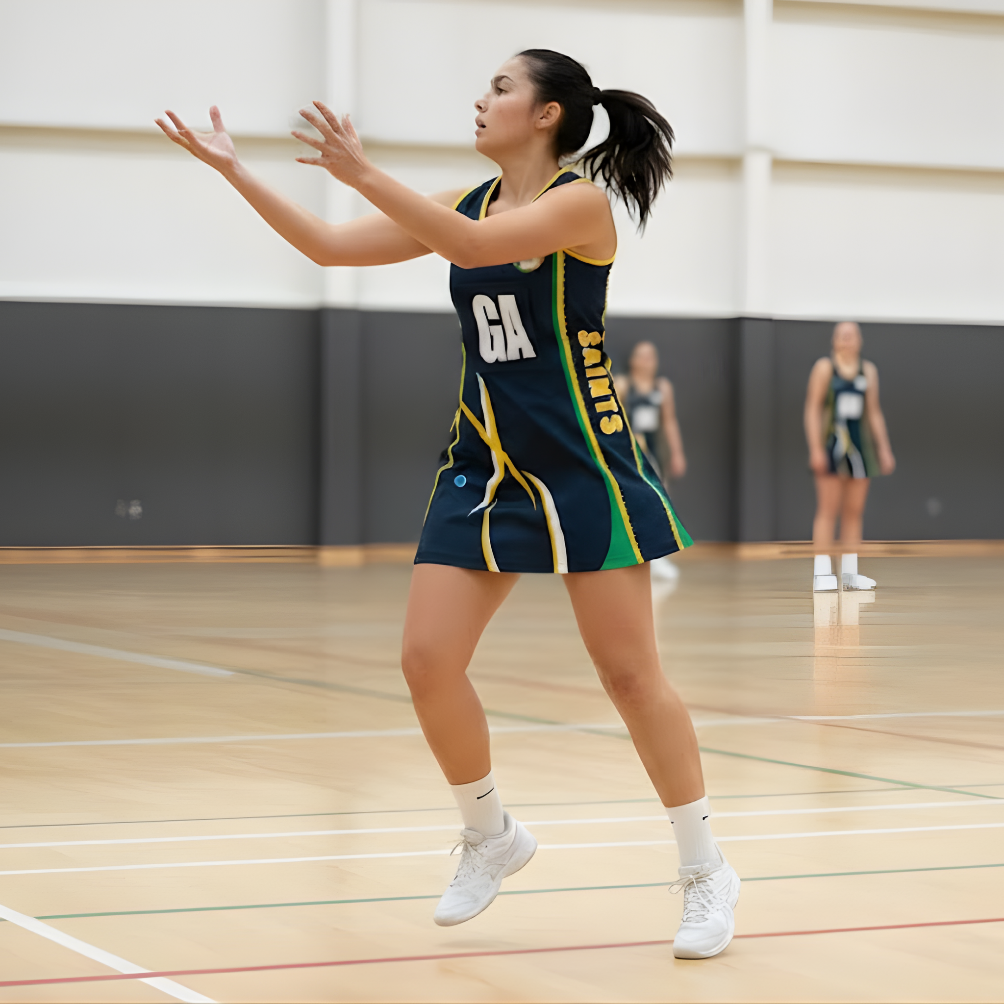 Woman in a netball uniform on a court with 'GA' on her dress