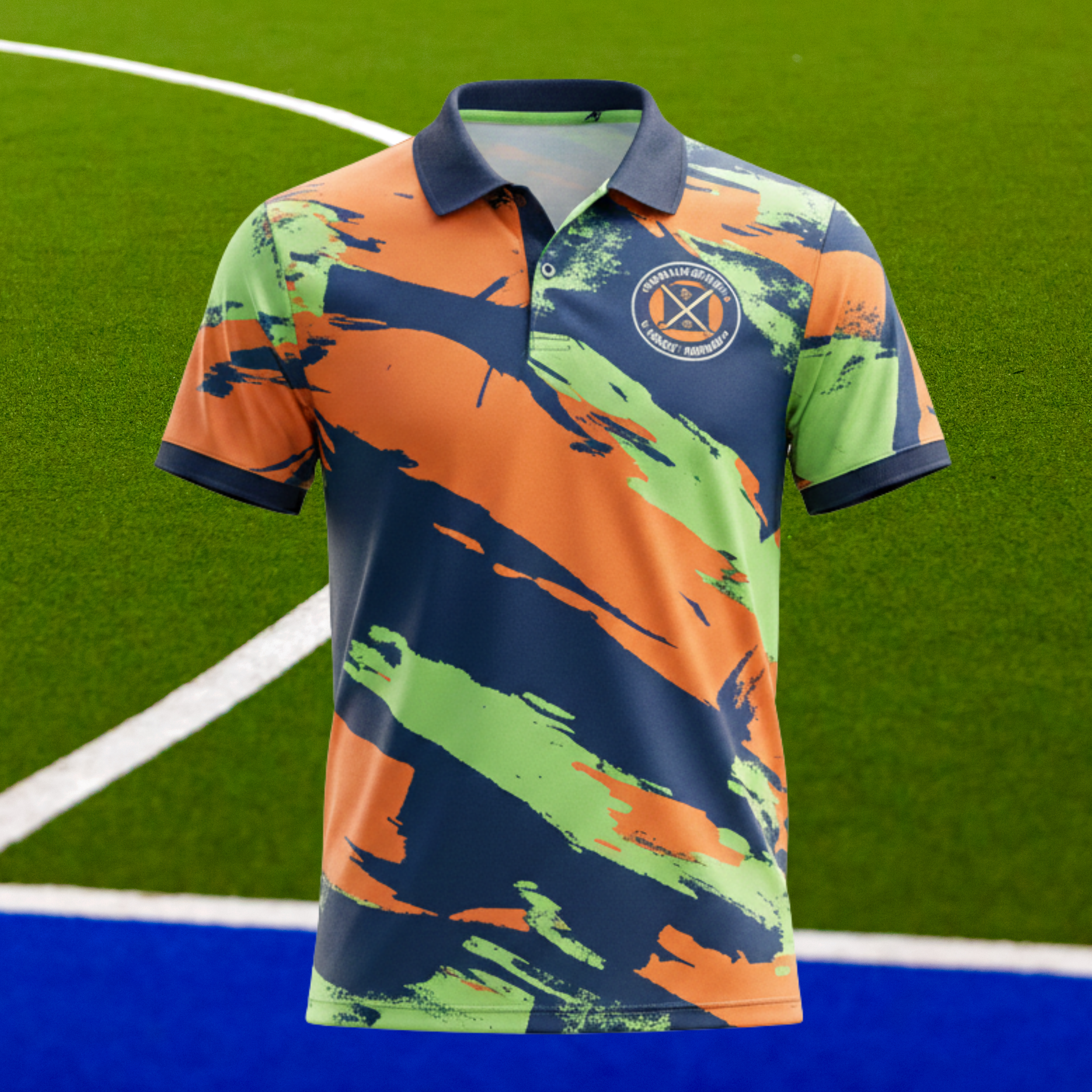 Colorful polo shirt with a logo on a sports field background