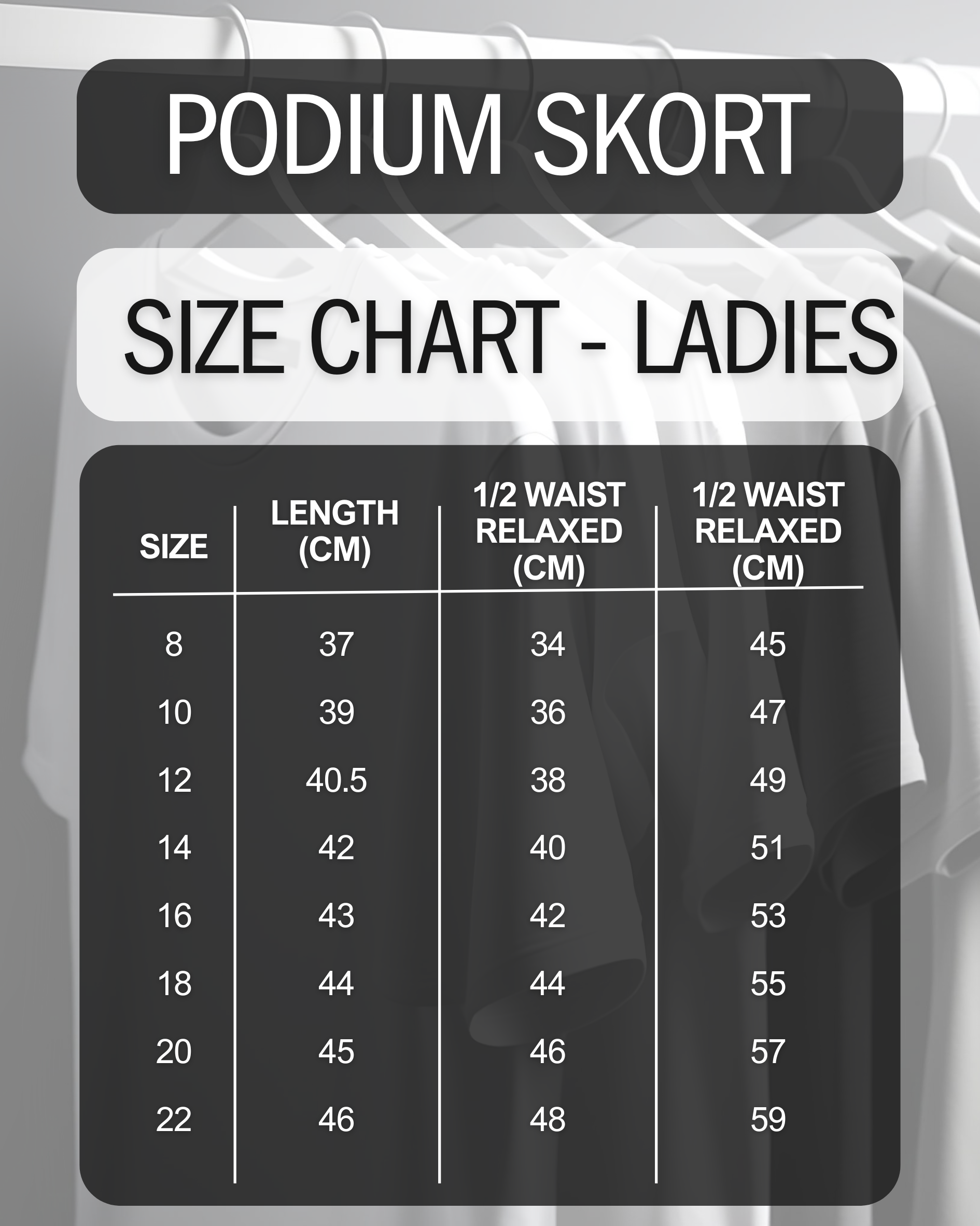 Ladies Size chart for podium skort on a plain background
