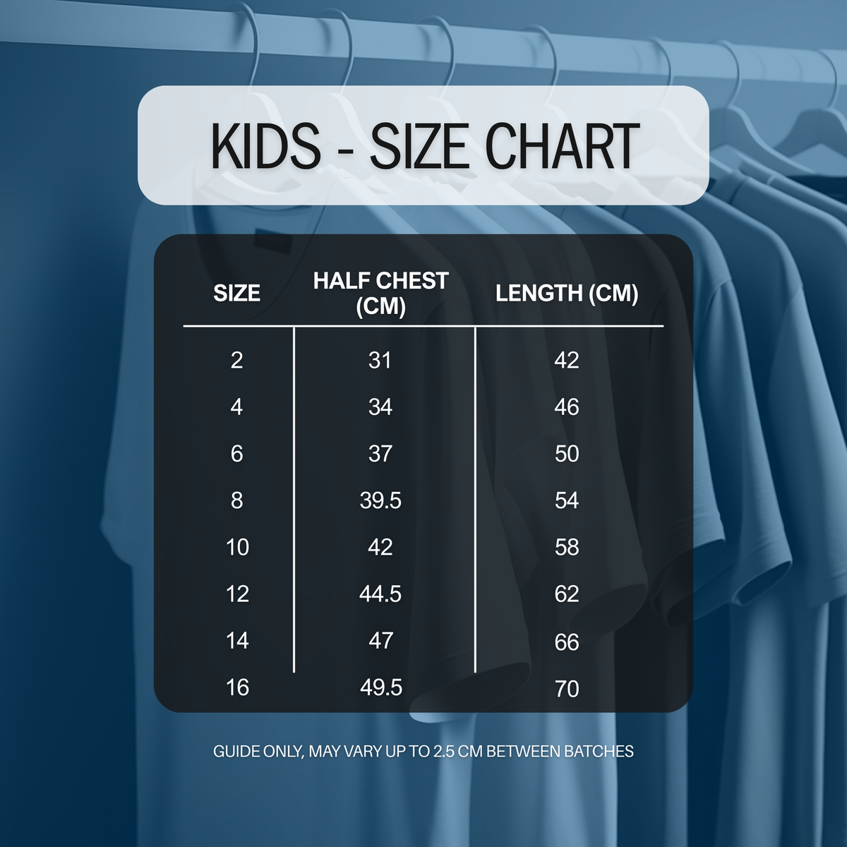 Kids size guide for Tumby Bay Cricket Club - Navy T-Shirt