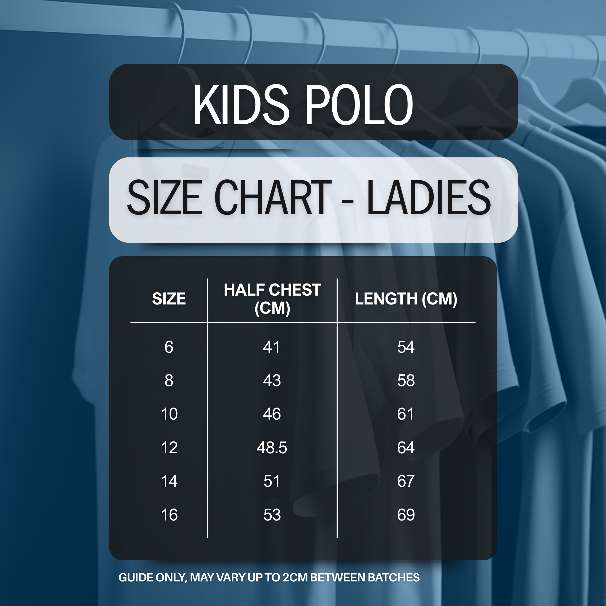 Size chart for kids polo shirts with a blue background