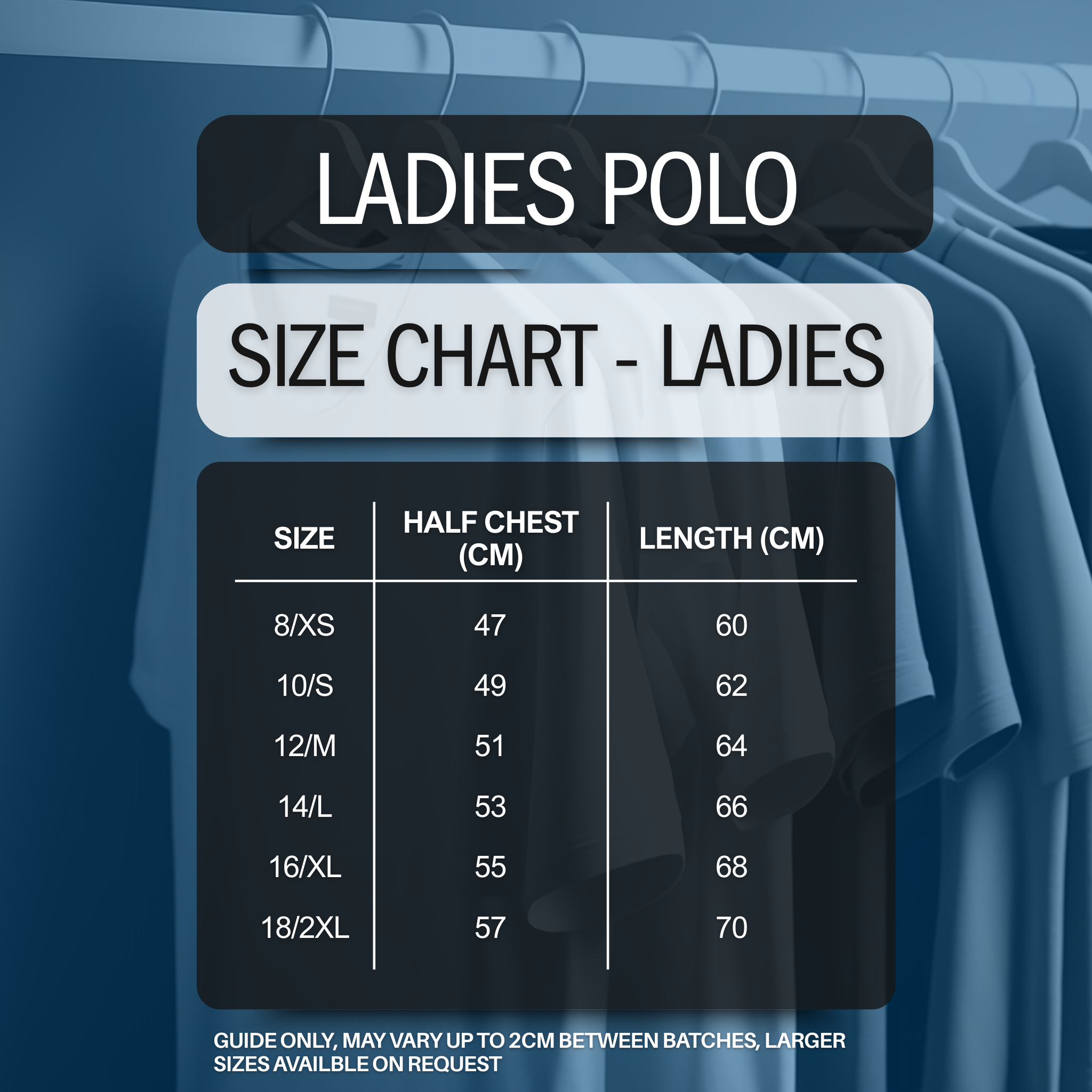 Ladies polo shirt size chart with measurements on a blue background