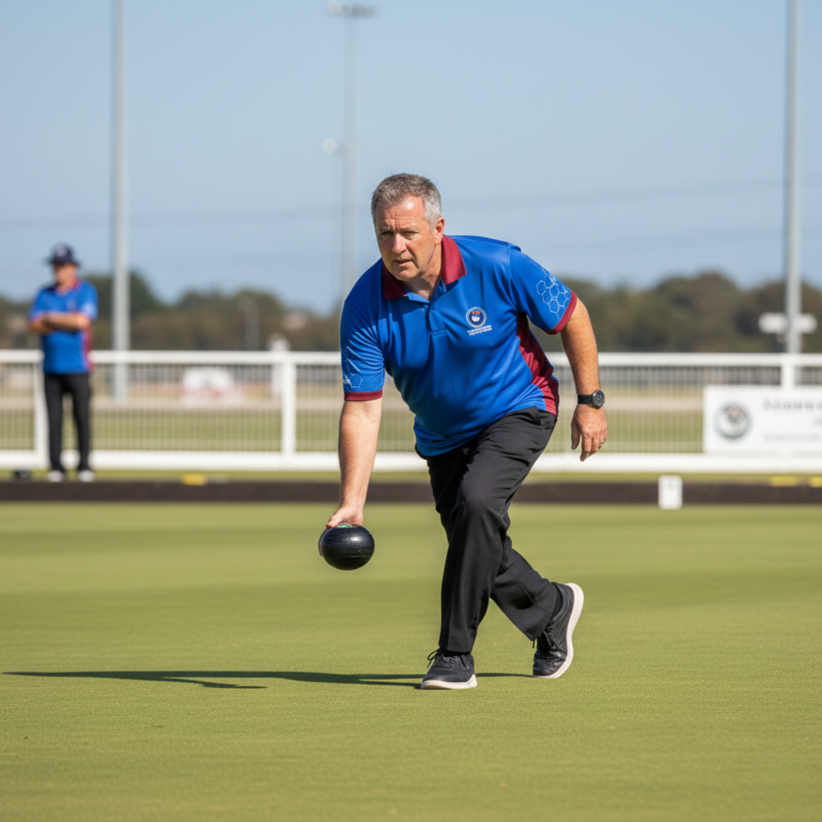 Man in blue shirt and black pants bowling a black ball on a green lawn.